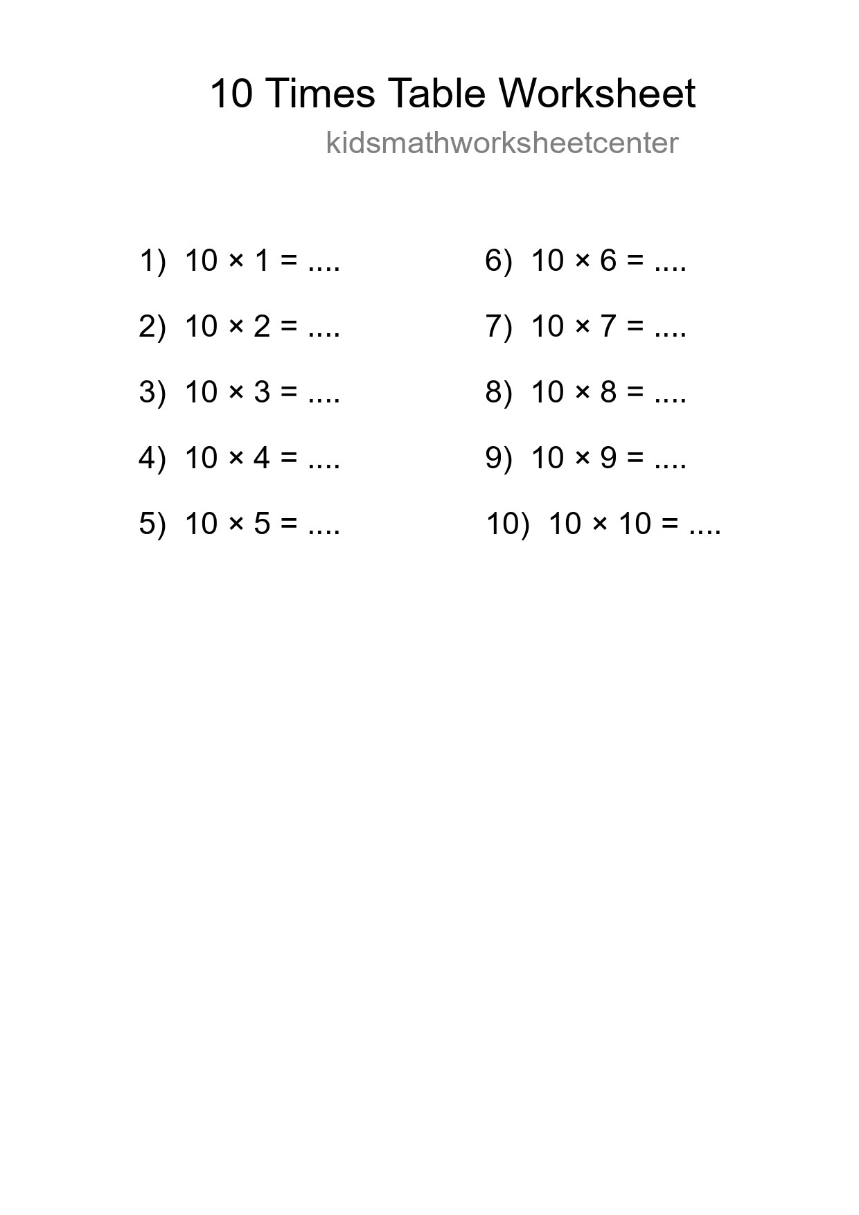 10 Times Table Worksheet For Grade 3 - Part 295