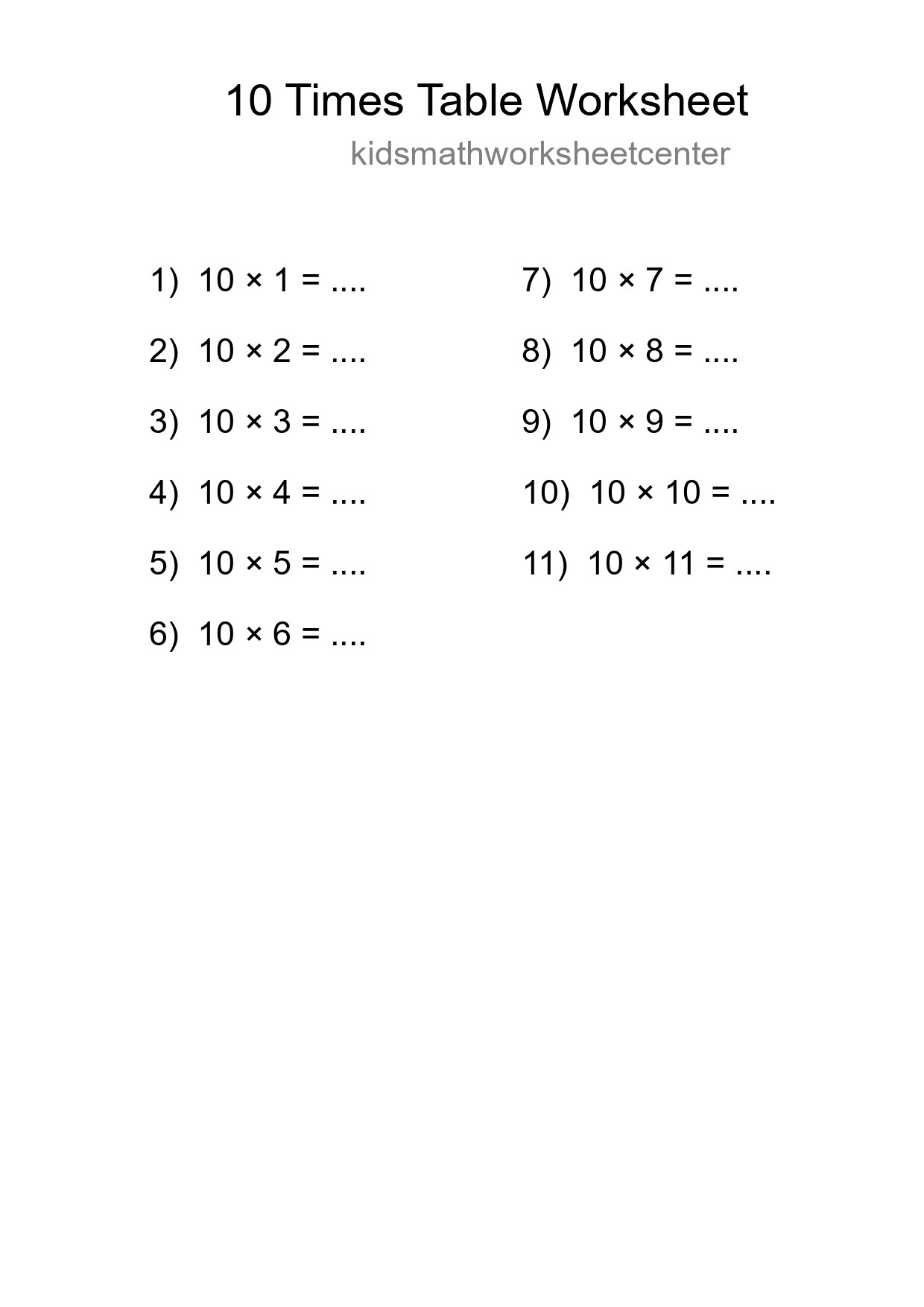 10 Times Table Worksheet For Grade 3 With Answers - Part 207