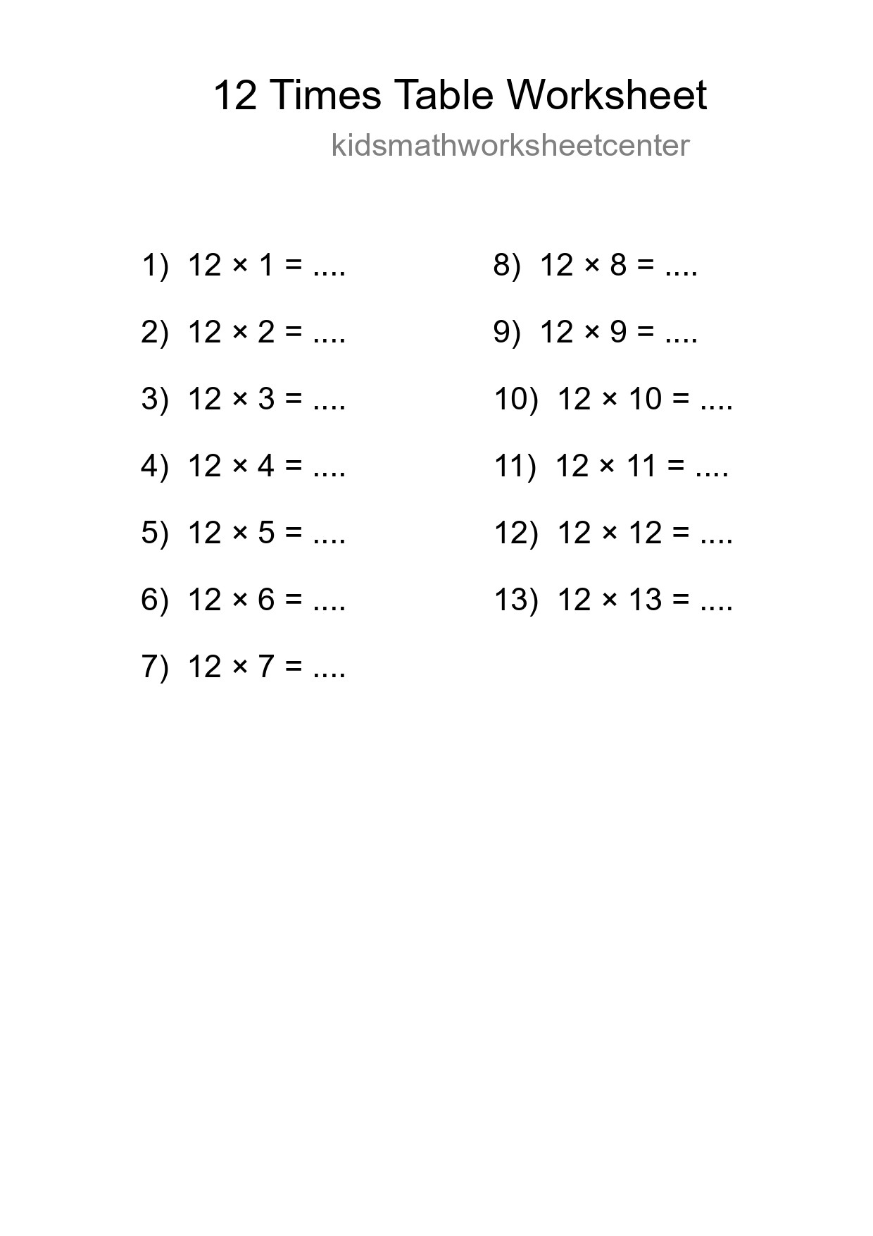 12 Times Table Worksheet For Grade 4 - Part 20
