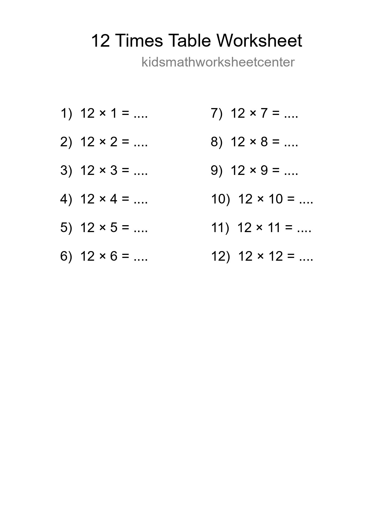 12 Times Table Worksheet For Grade 4 With Answers - Part 163