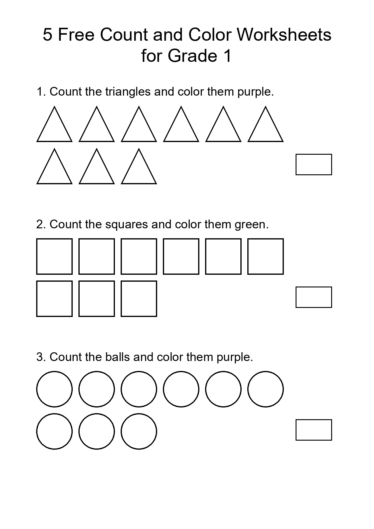 5 Free Count and Color Worksheets for Grade 1