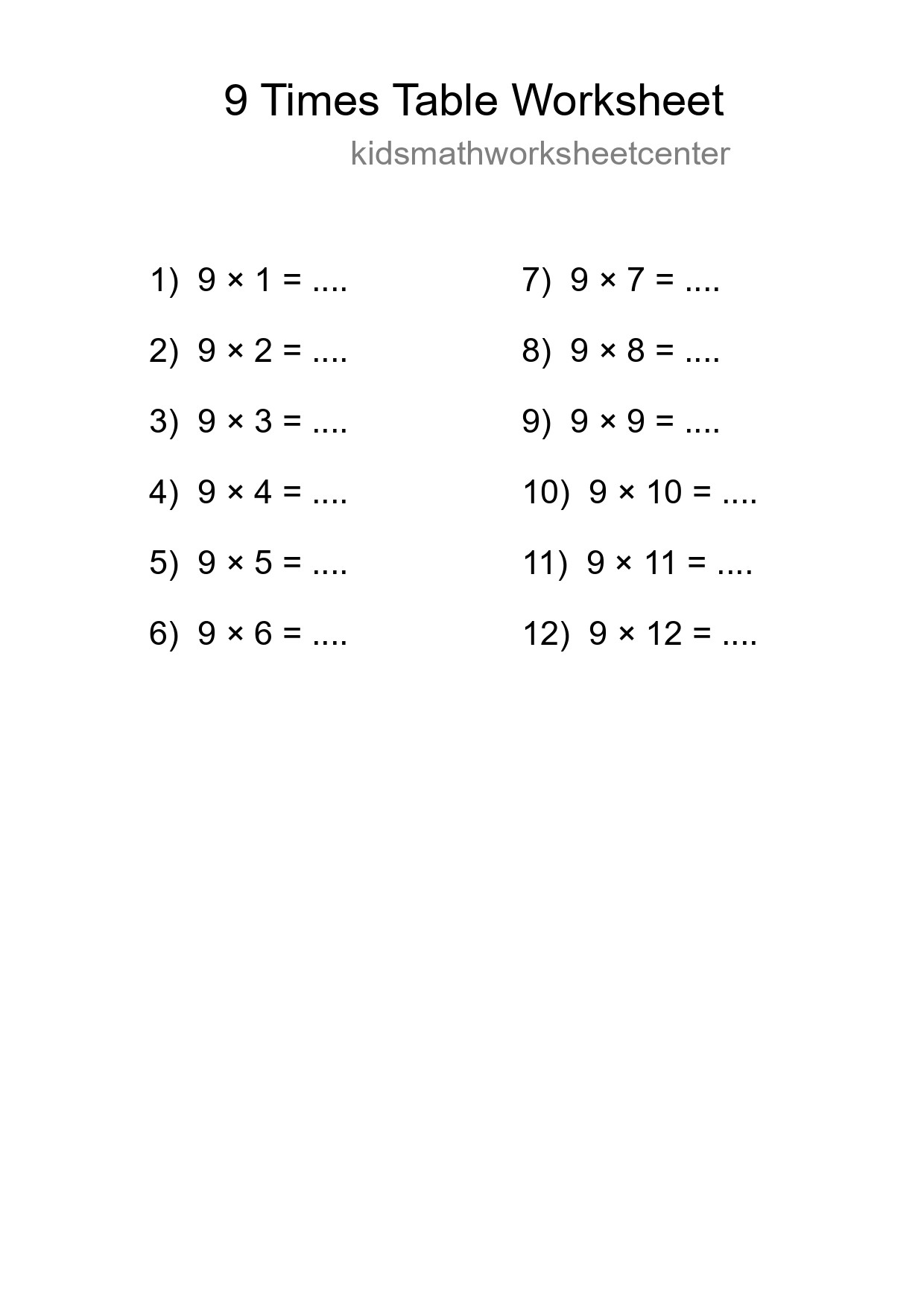 9 Times Table Worksheet For Grade 3 - Part 31