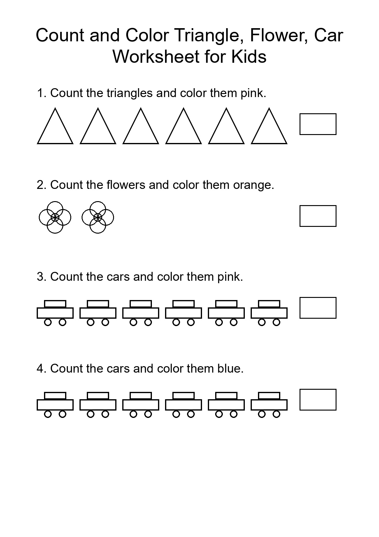 Count and Color Triangle, Flower, Car Worksheet for Kids