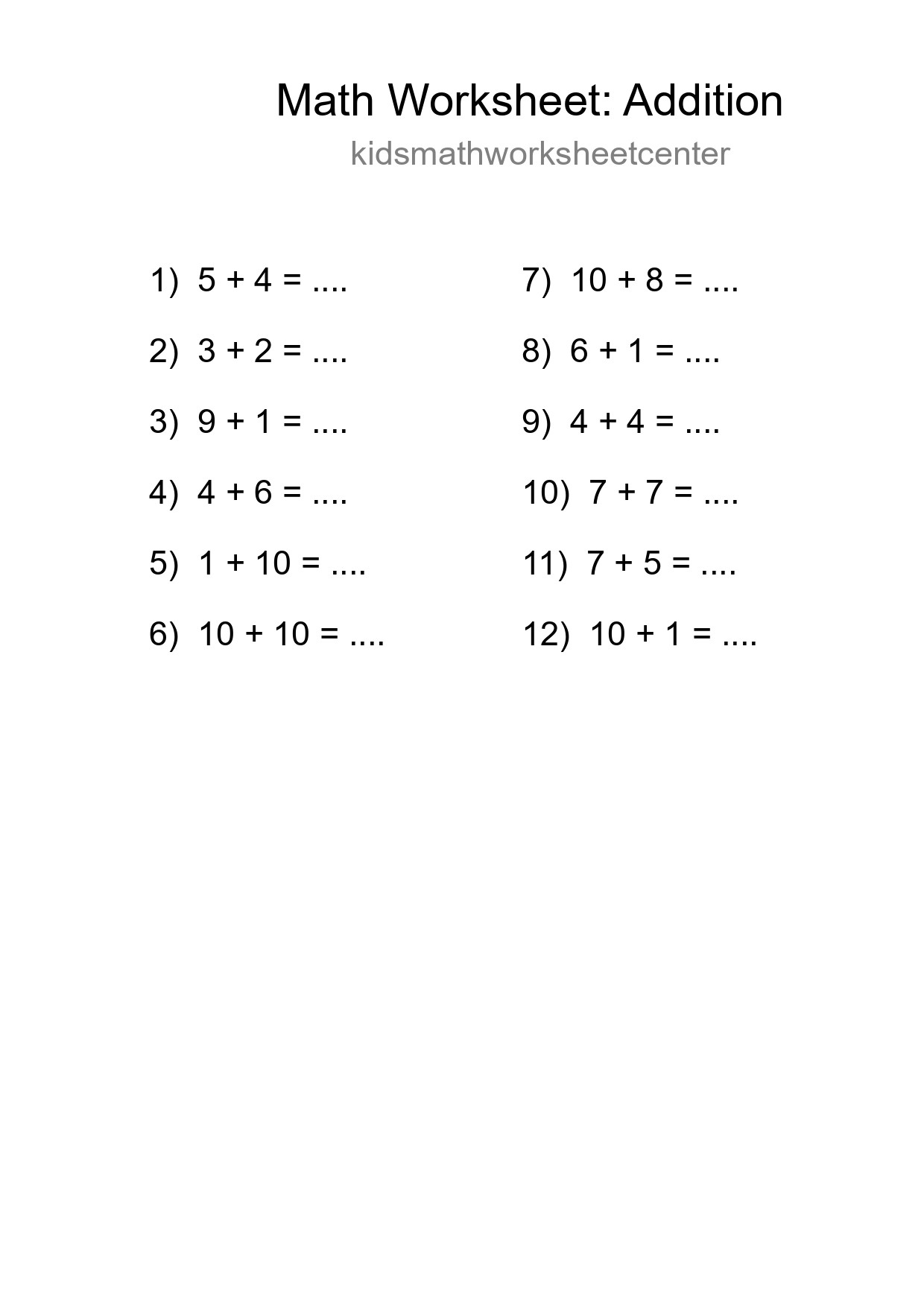 Free 12 Addition Math Worksheet For Grade 1 With Answers - Part 12