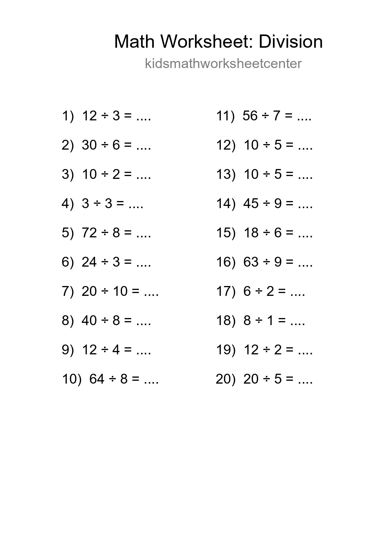 Free 20 Division Math Worksheet For Grade 1 - Part 279