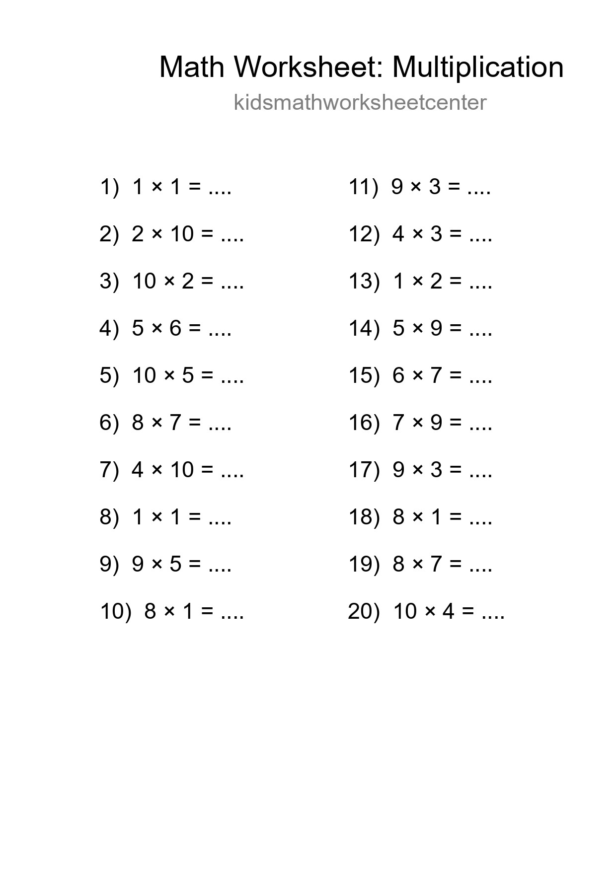 Free 20 Multiplication Math Worksheet For Grade 1 With Answers - Part 293