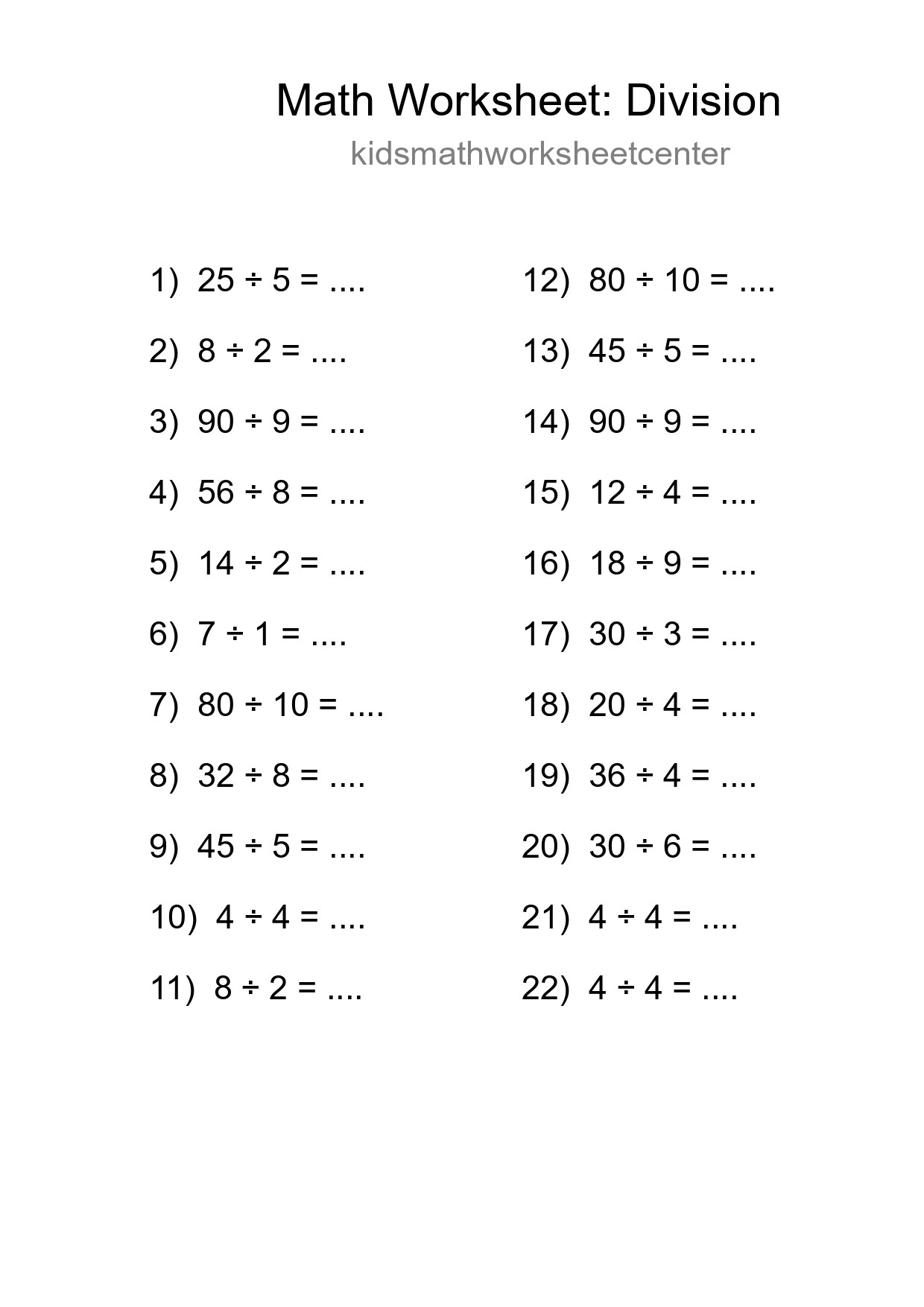 Free 22 Division Math Worksheet For Grade 1 With Answers - Part 224
