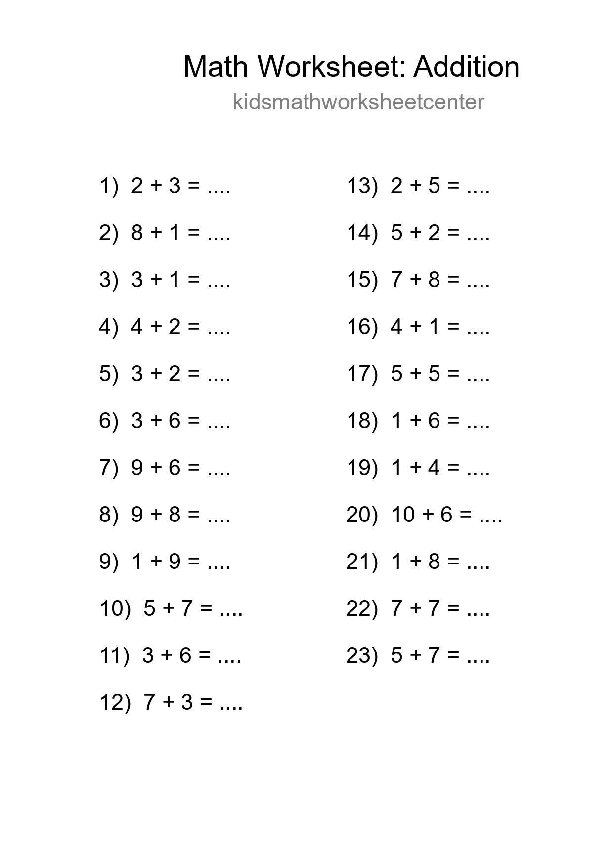 Free 23 Addition Math Worksheet For Grade 1 With Answers