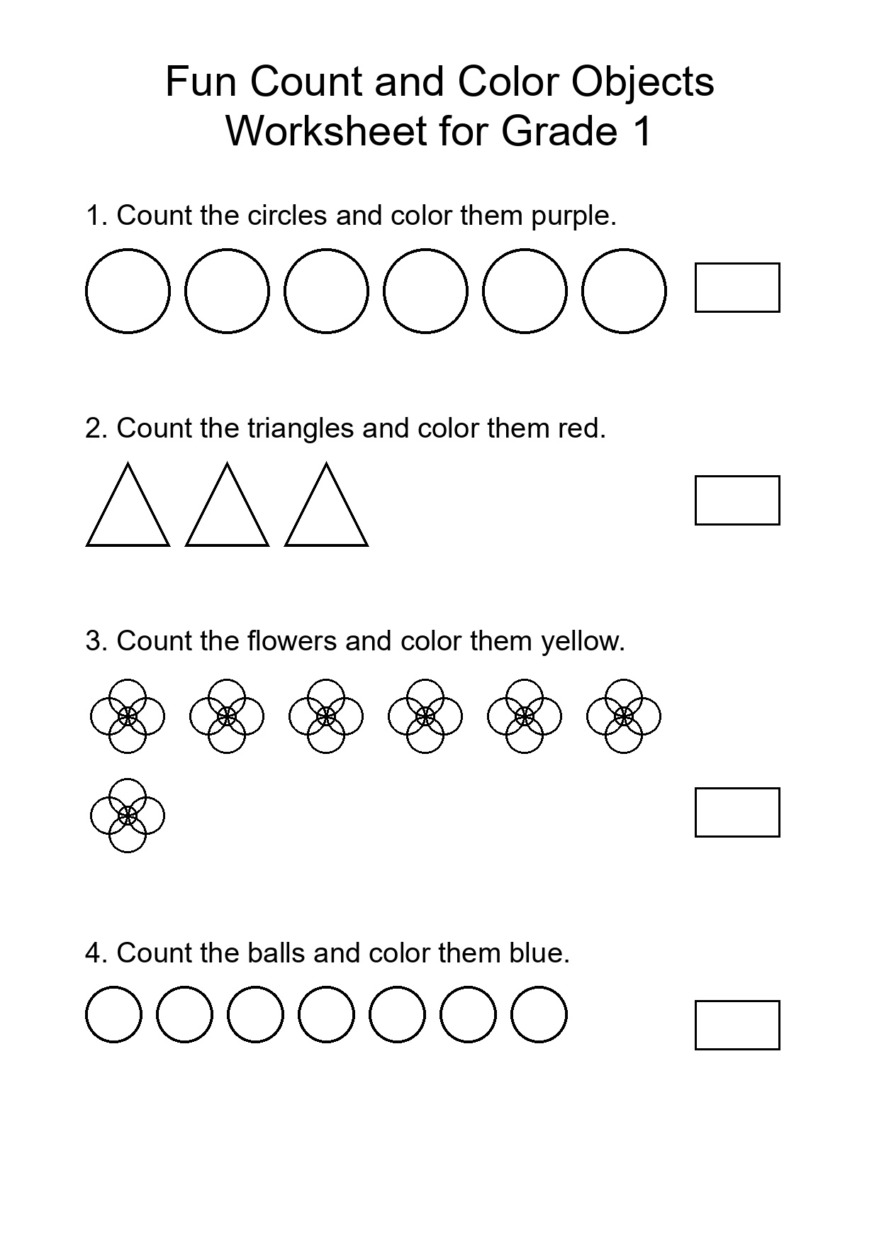 Fun Count and Color Objects Worksheet for Grade 1