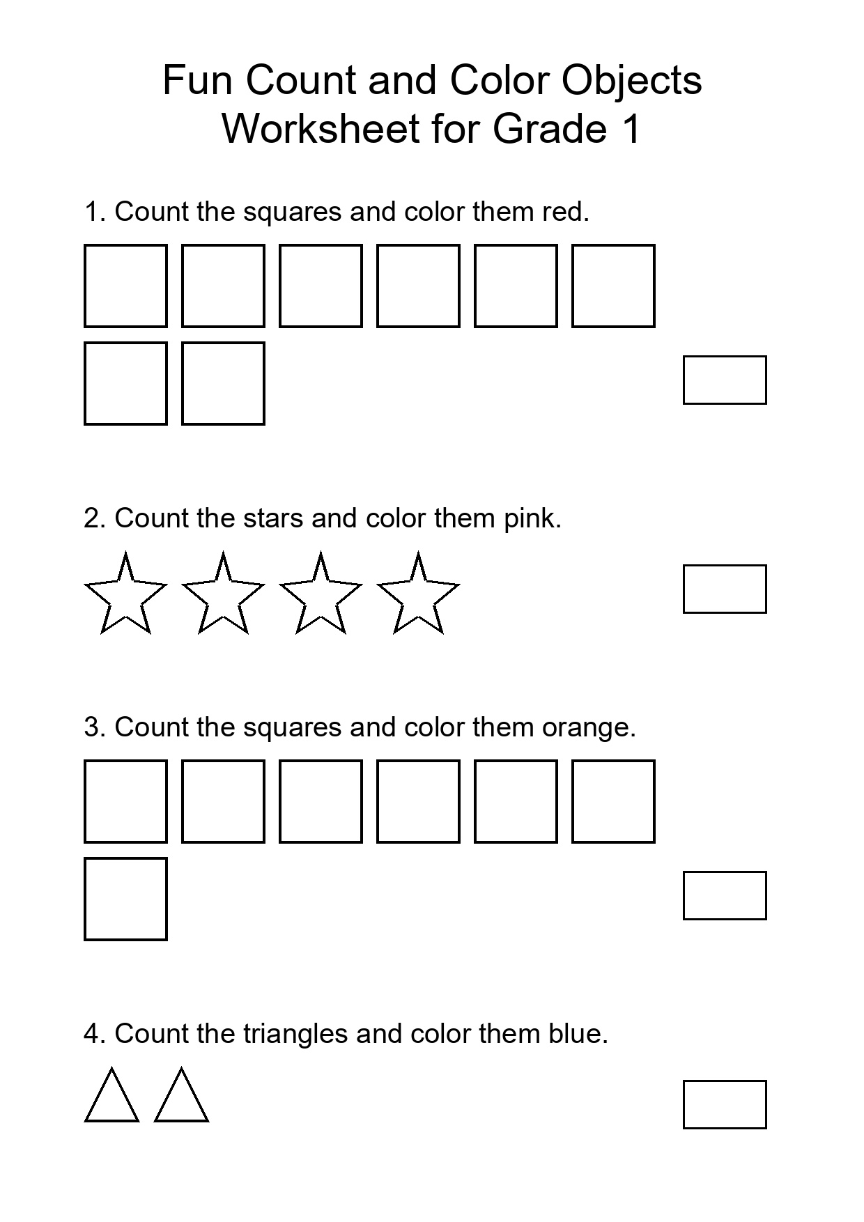 Fun Count and Color Objects Worksheet for Grade 1