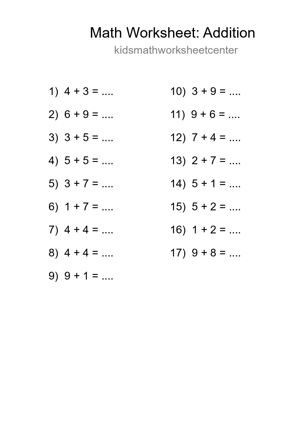 Grade 1 Addition Practice Worksheet (17 Problems) - Part 56