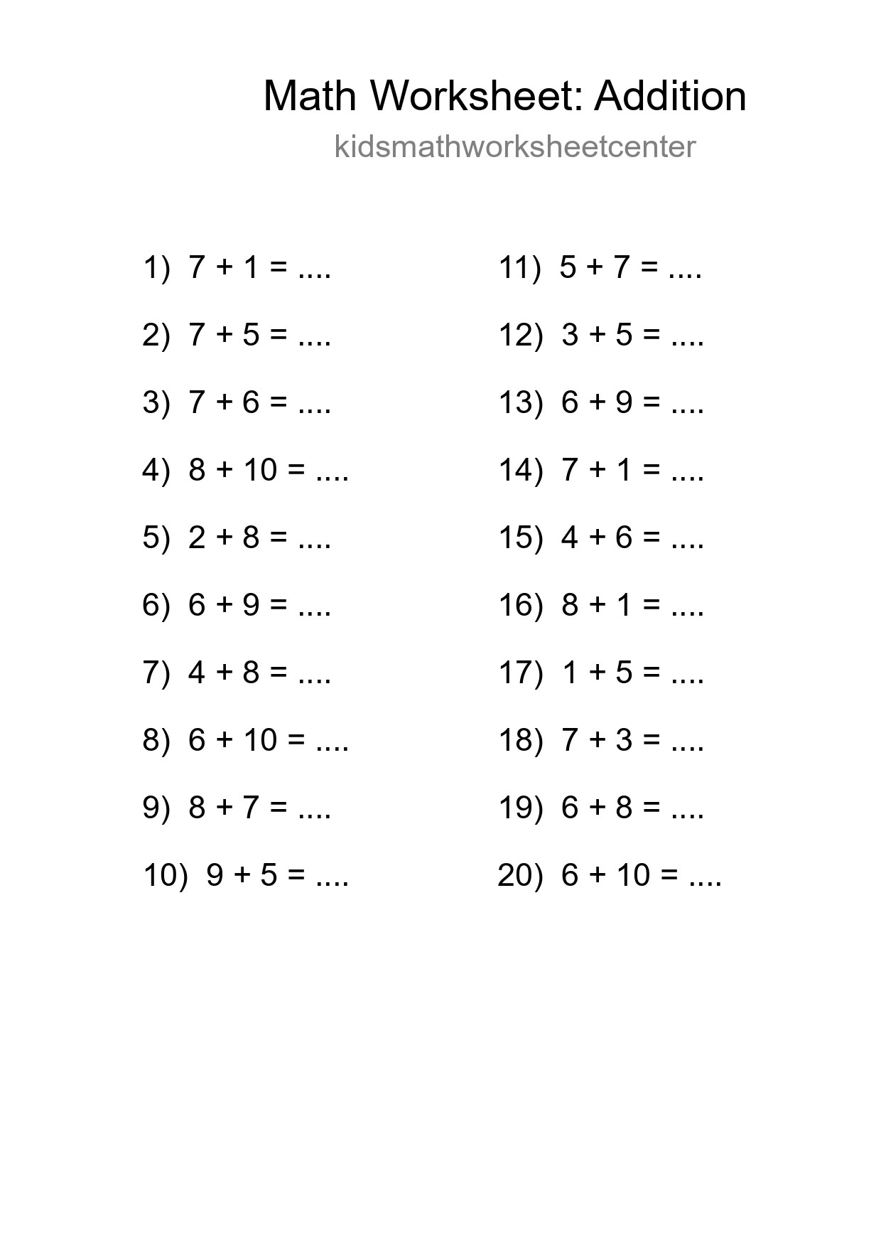 Grade 1 Addition Practice Worksheet (20 Problems) - Part 287