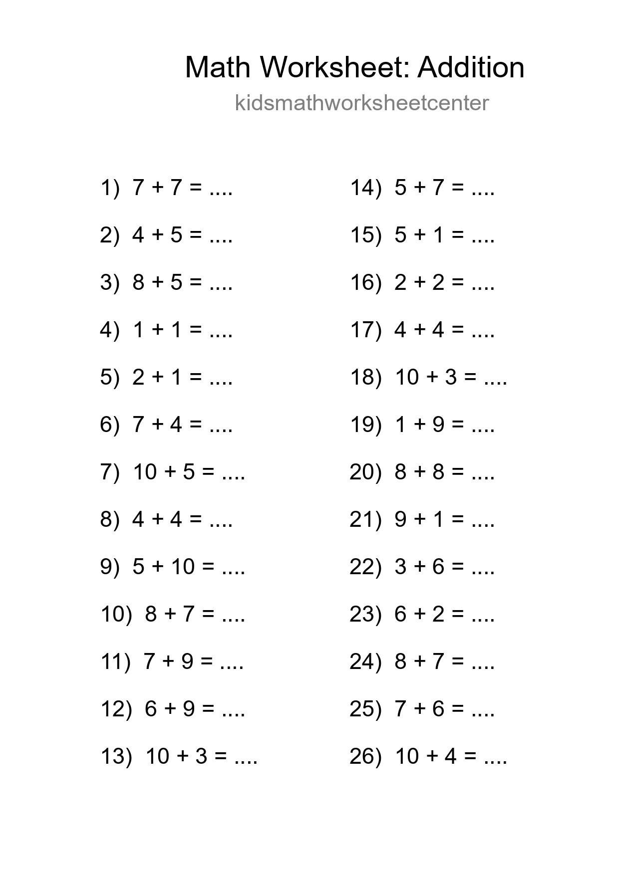Grade 1 Addition Practice Worksheet (26 Problems) - Part 100