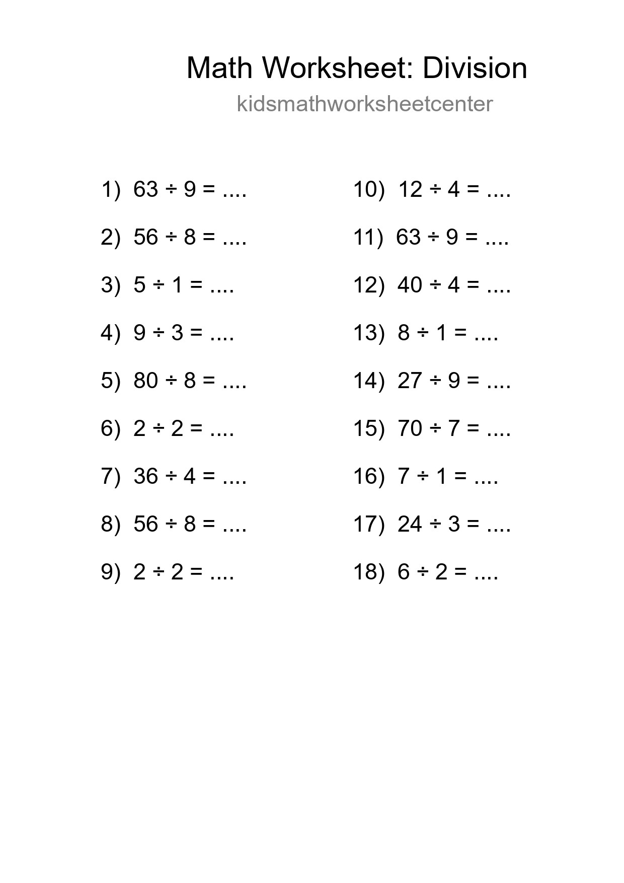 Grade 1 Division Practice Worksheet (18 Problems) - Part 213