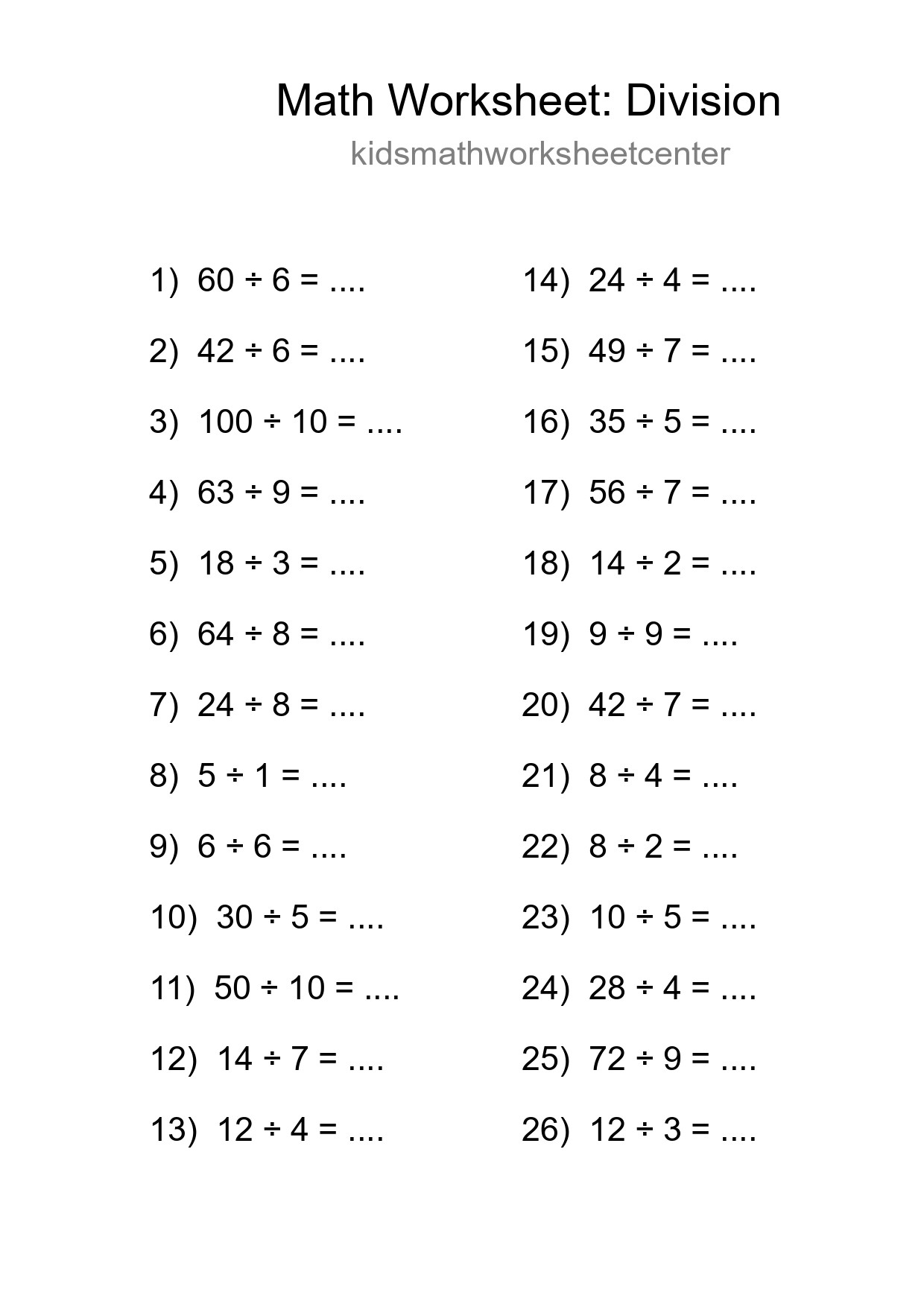 Grade 1 Division Practice Worksheet (26 Problems) - Part 125