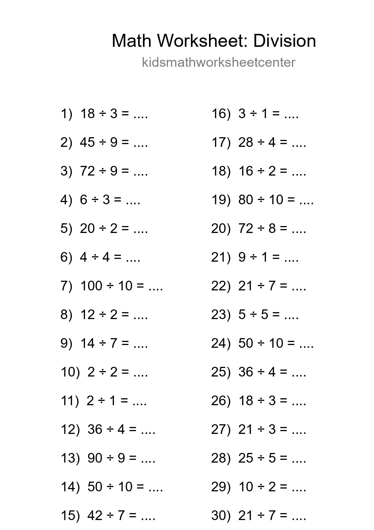 Grade 1 Division Practice Worksheet (30 Problems) - Part 158
