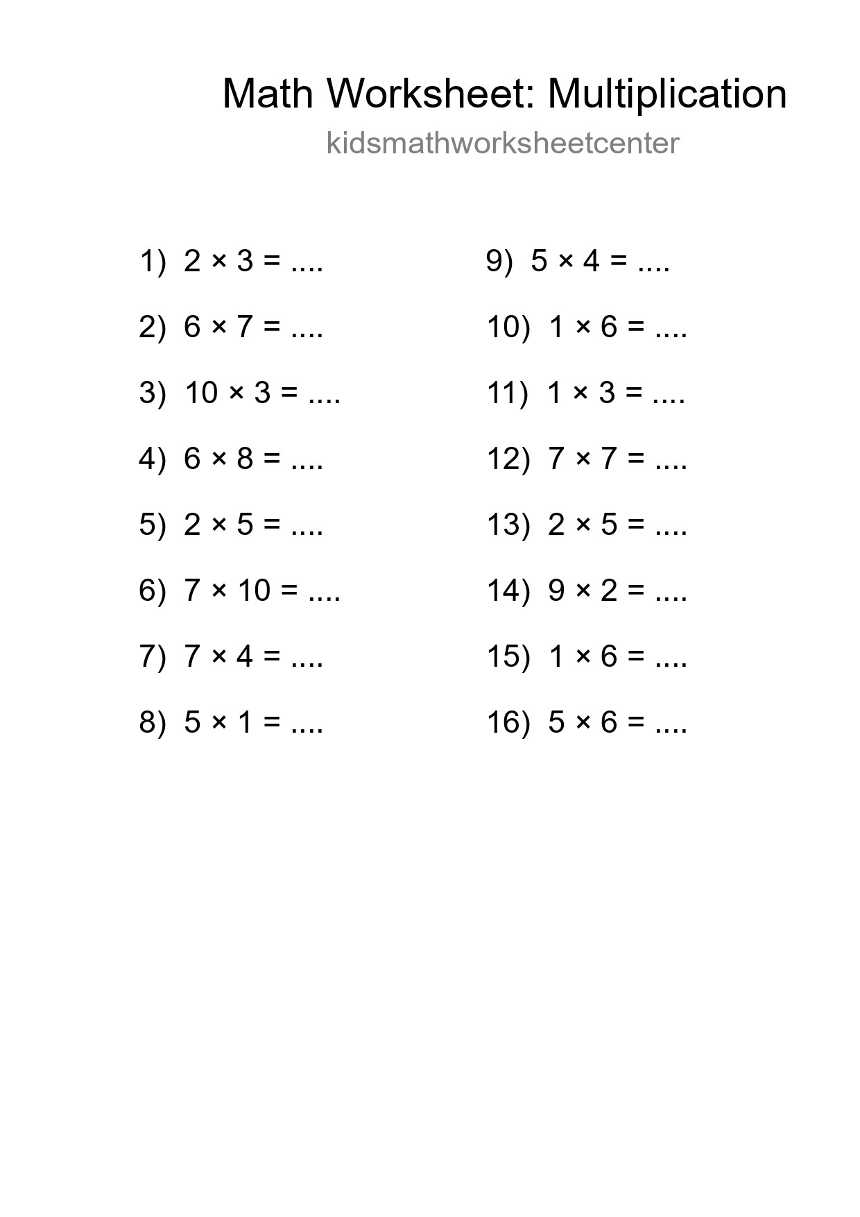Grade 1 Multiplication Practice Worksheet (16 Problems) - Part 249
