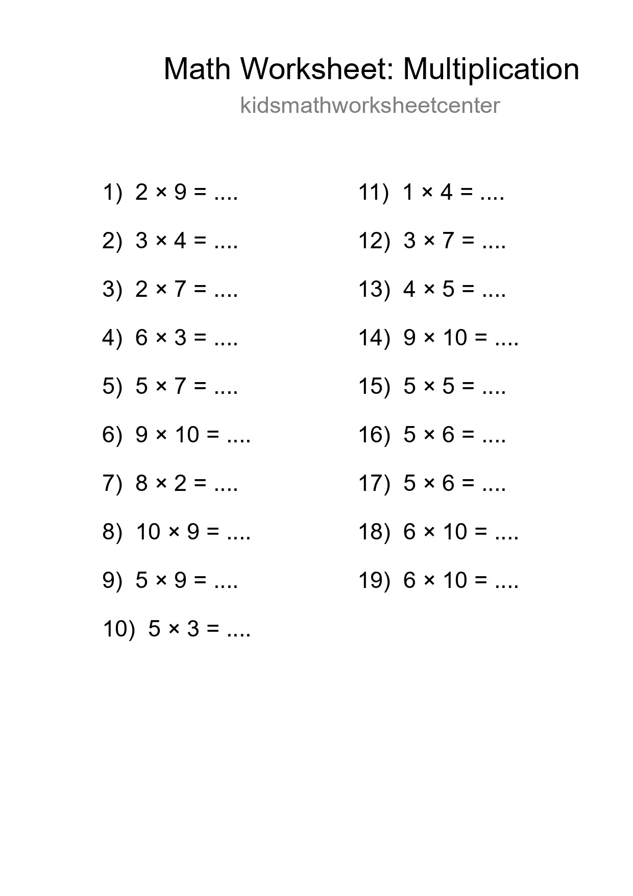 Grade 1 Multiplication Practice Worksheet (19 Problems) - Part 95