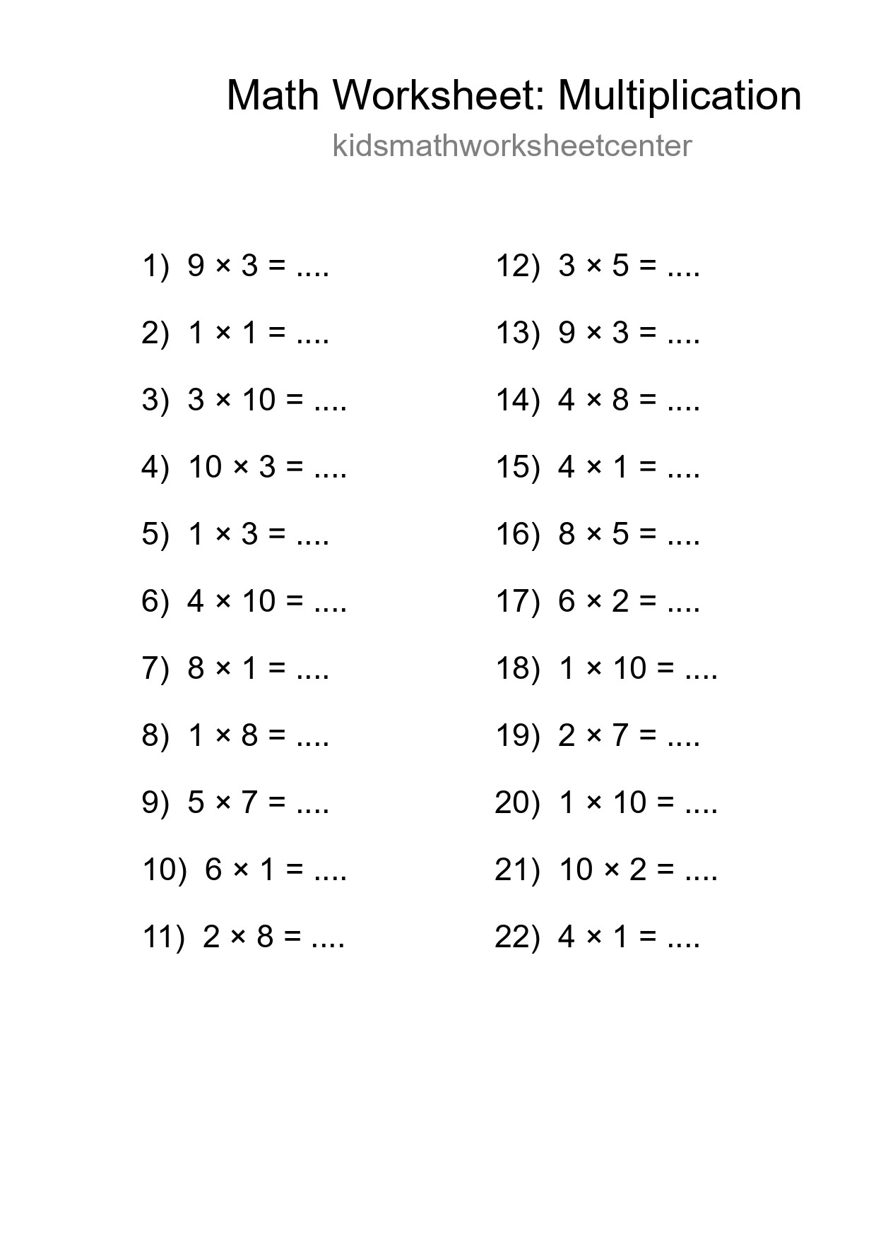 Grade 1 Multiplication Practice Worksheet (22 Problems) - Part 18