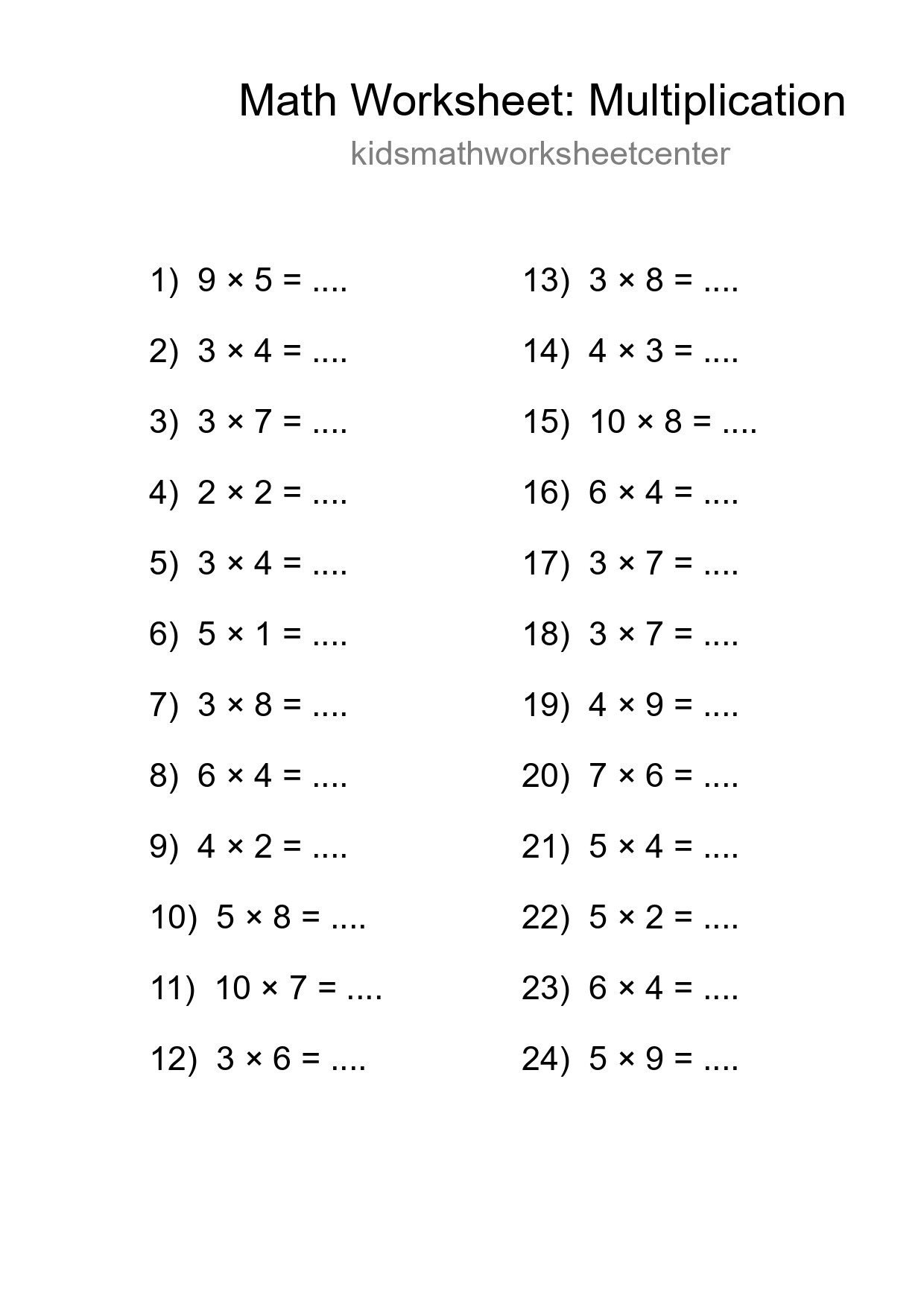 Grade 1 Multiplication Practice Worksheet (24 Problems) - Part 62