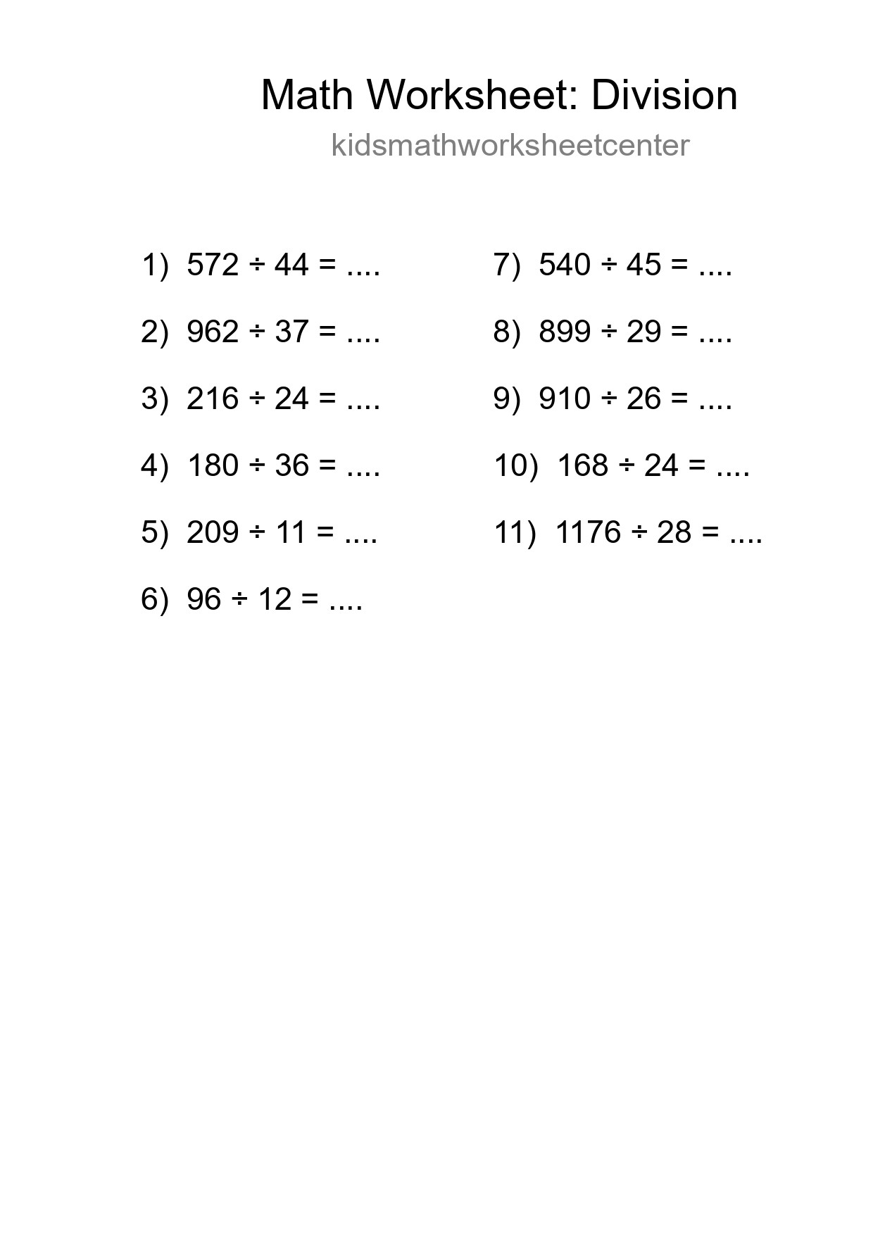 Grade 2 Division Practice Worksheet (11 Problems) - Part 290