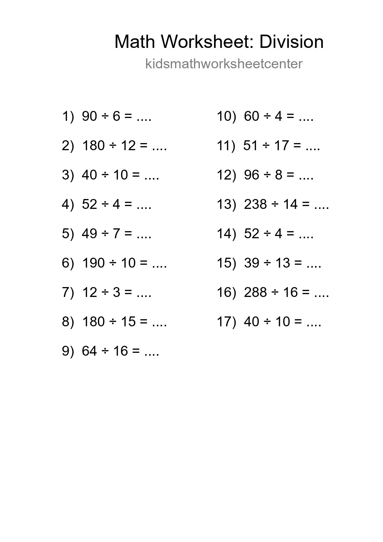 Grade 2 Division Practice Worksheet (17 Problems) - Part 147