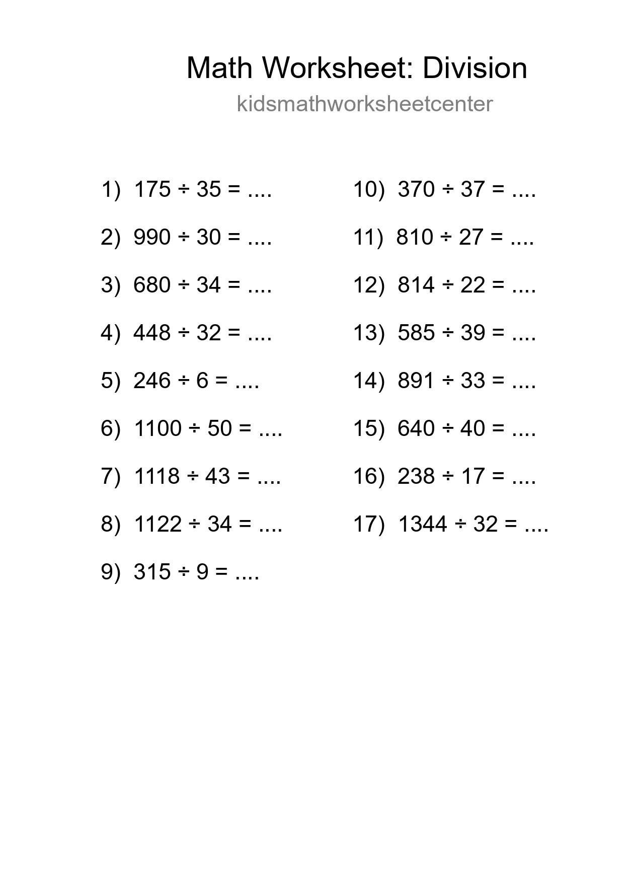 Grade 2 Division Practice Worksheet (17 Problems) - Part 202