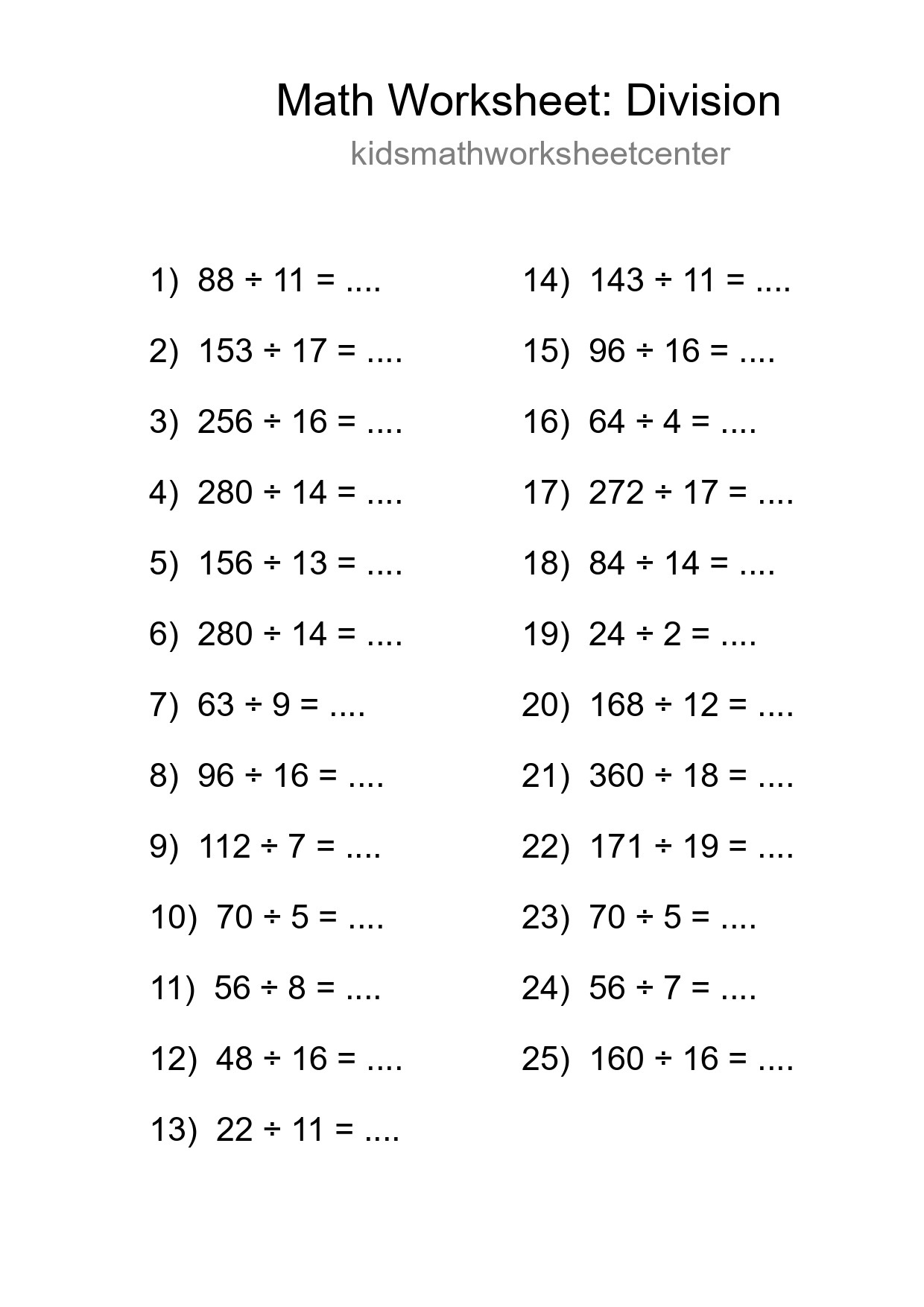 Grade 2 Division Practice Worksheet (25 Problems) - Part 246