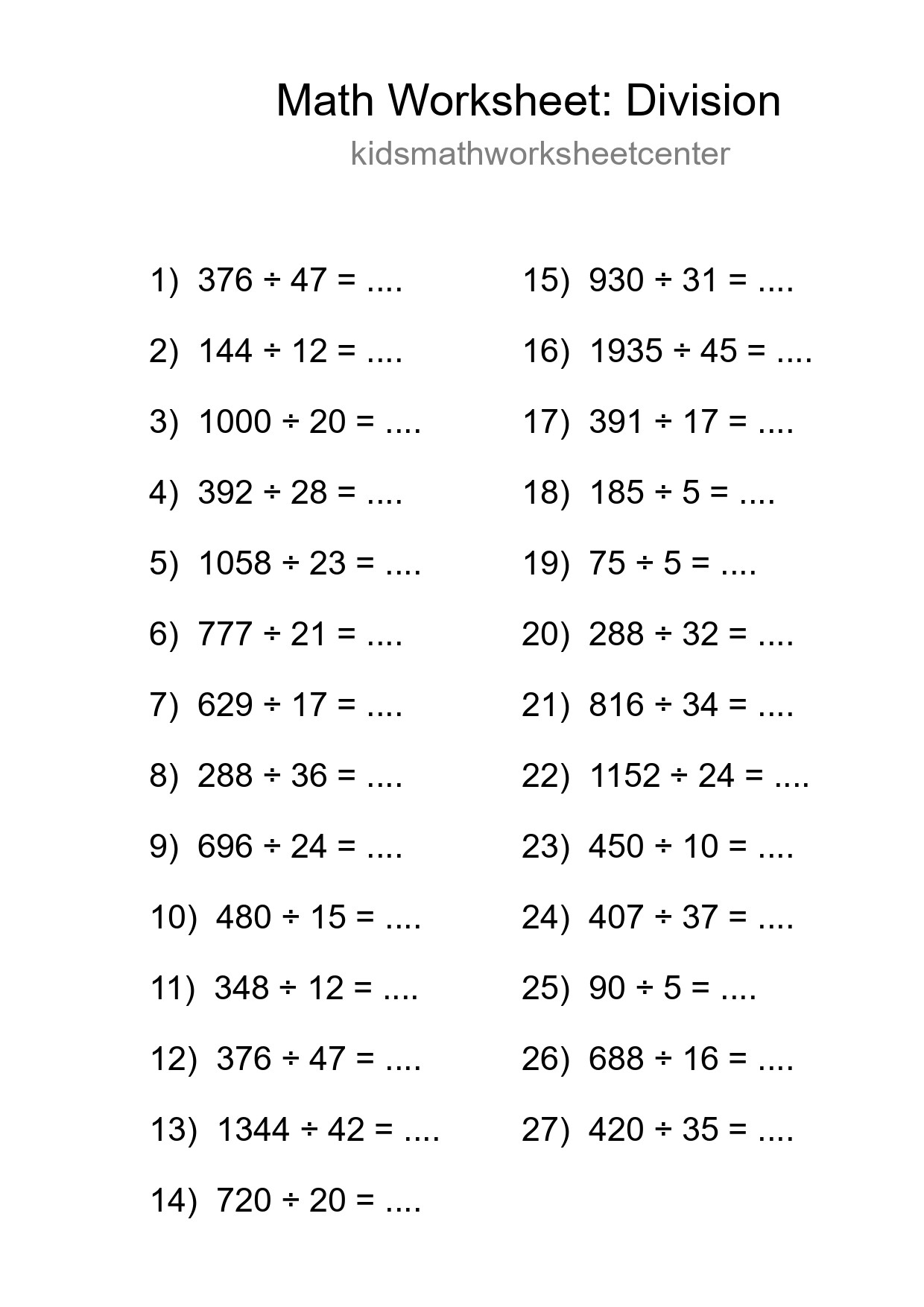 Grade 2 Division Practice Worksheet (27 Problems) - Part 4