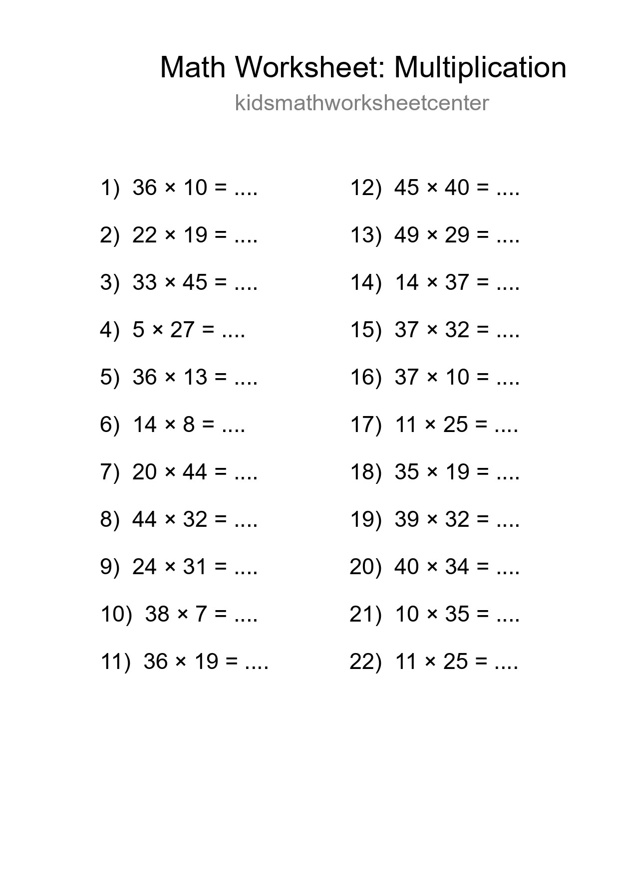 Grade 2 Multiplication Practice Worksheet (22 Problems) - Part 40