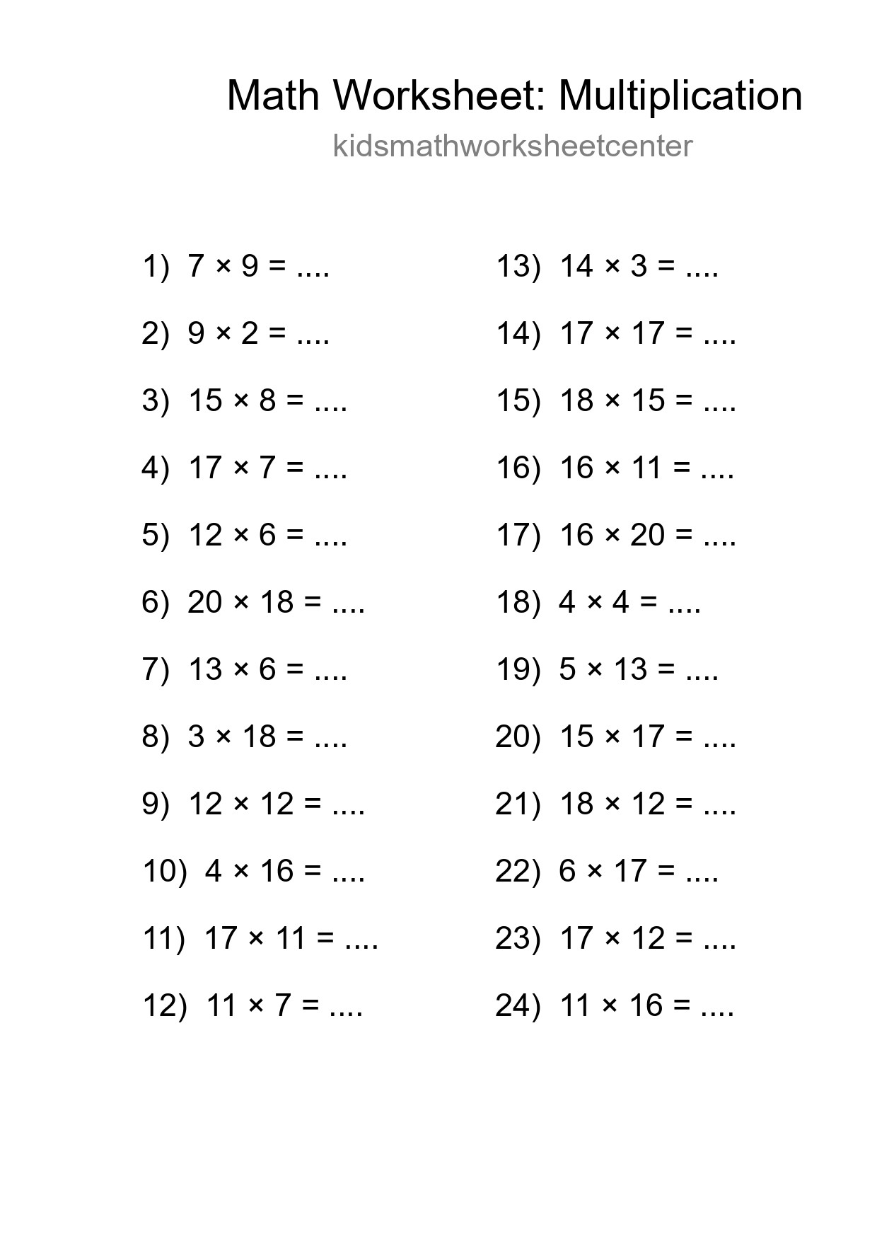 Grade 2 Multiplication Practice Worksheet (24 Problems) - Part 238