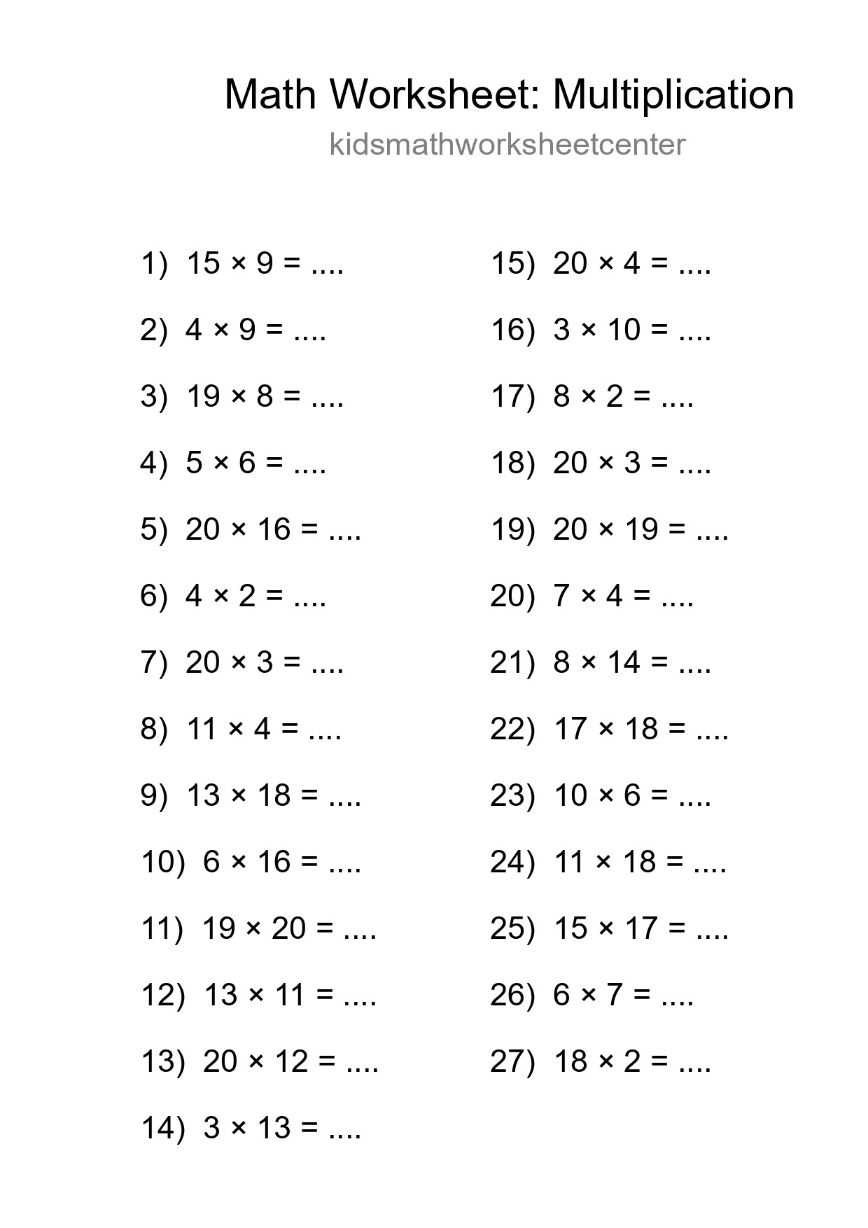 Grade 2 Multiplication Practice Worksheet (27 Problems) - Part 227