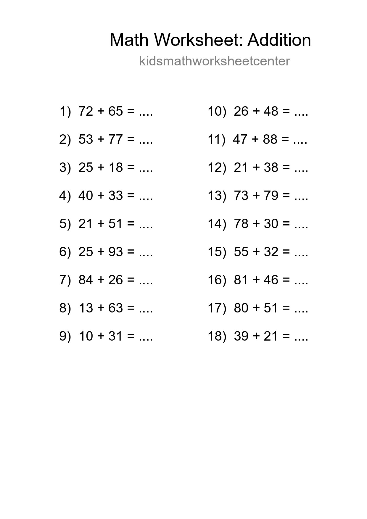 Grade 3 Addition Practice Worksheet (18 Problems) - Part 199