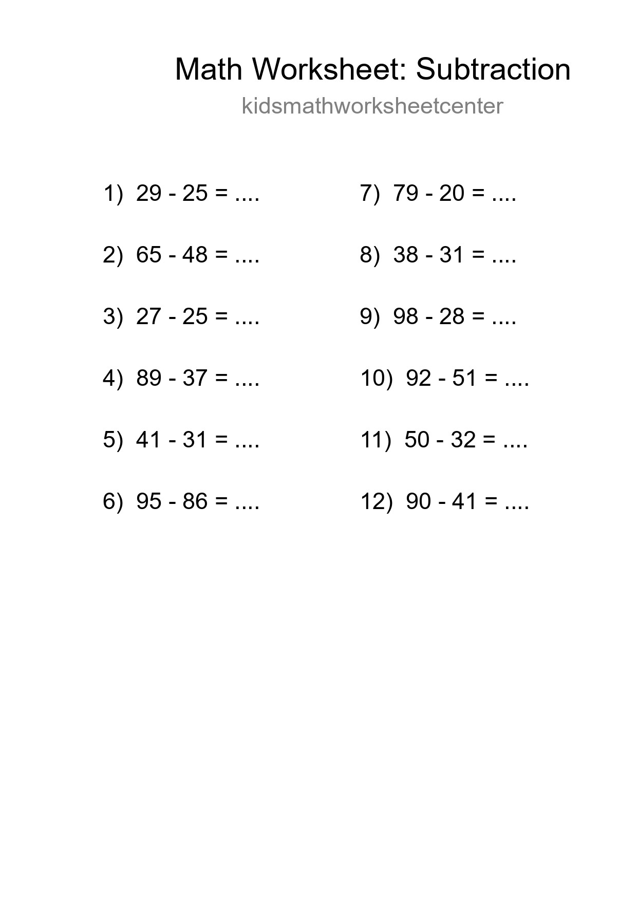 Grade 3 Subtraction Practice Worksheet (12 Problems) - Part 294