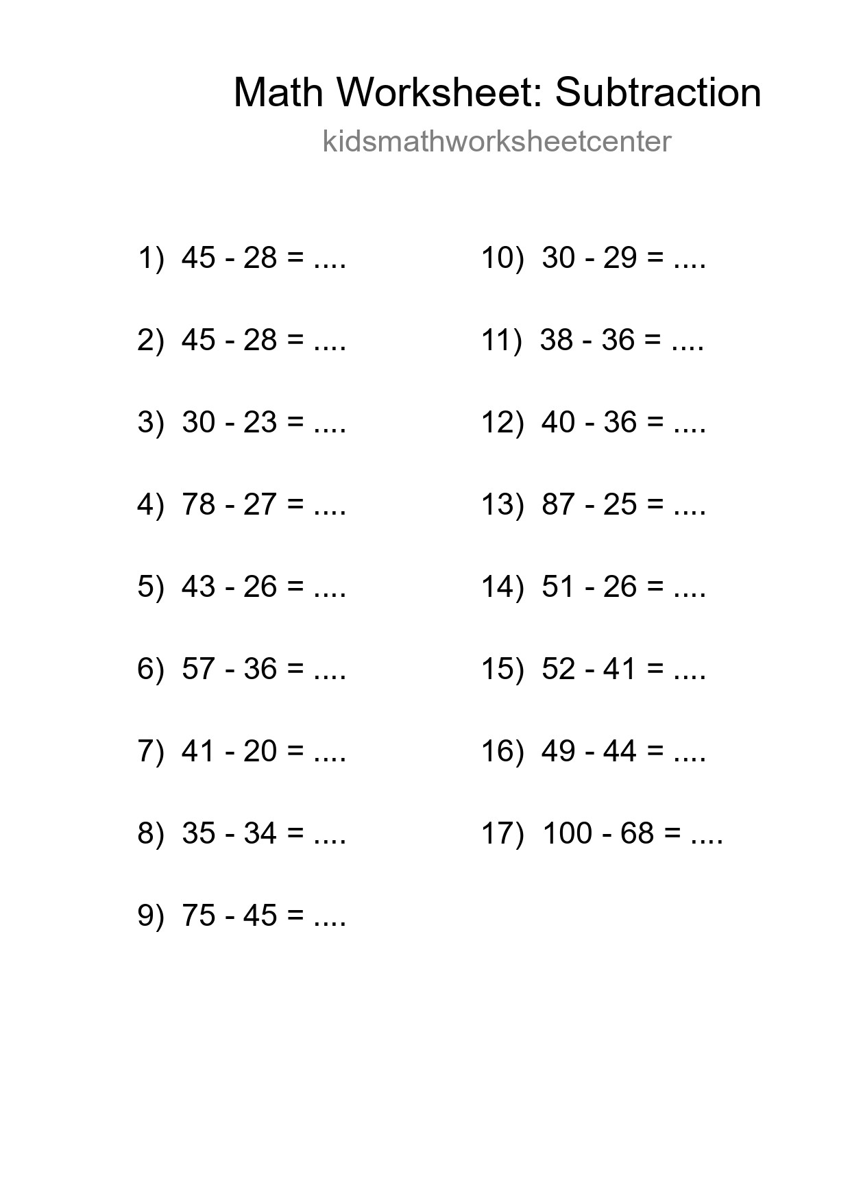 Grade 3 Subtraction Practice Worksheet (17 Problems) - Part 228