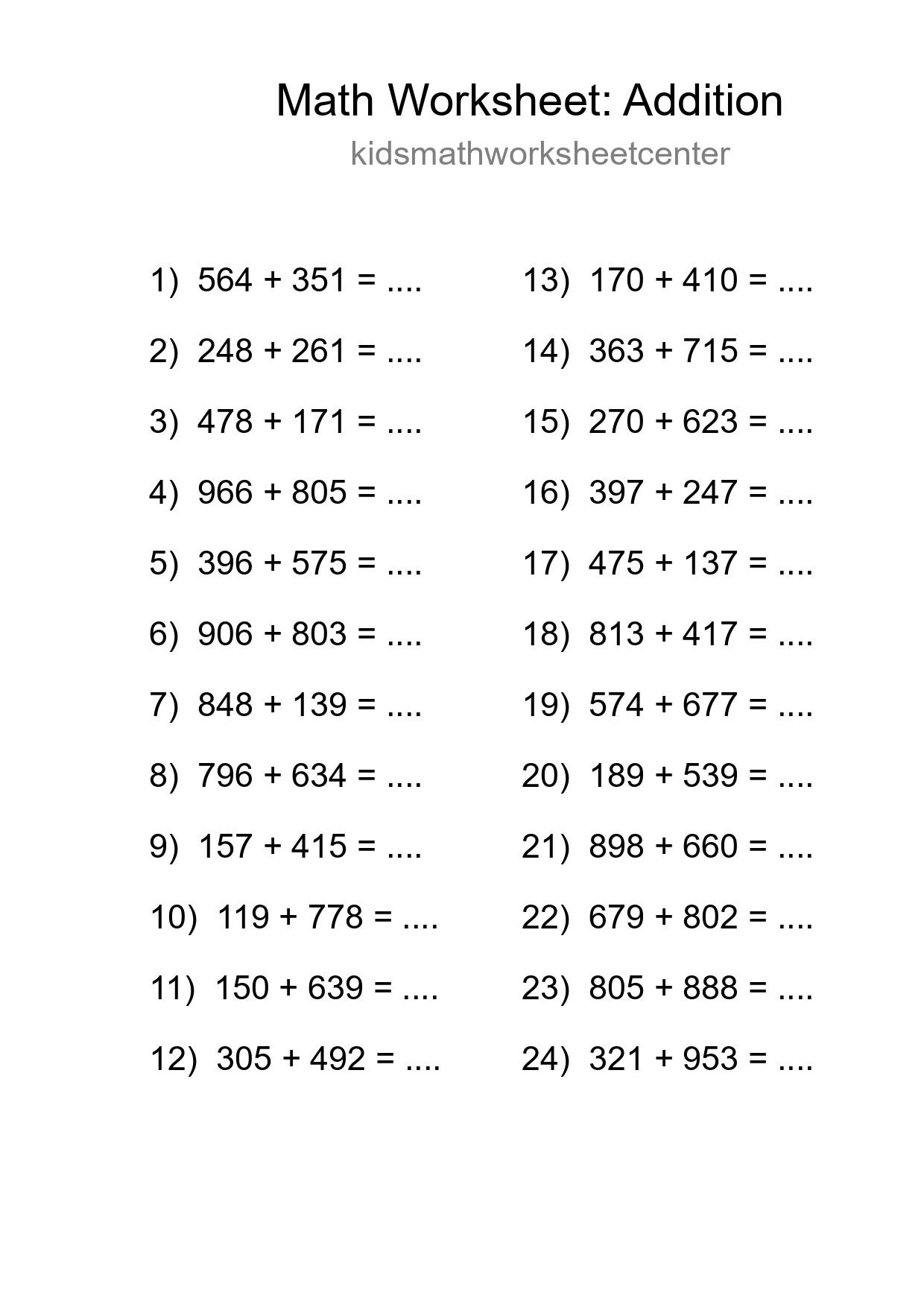 Grade 5 Addition Practice Worksheet (24 Problems) - Part 232