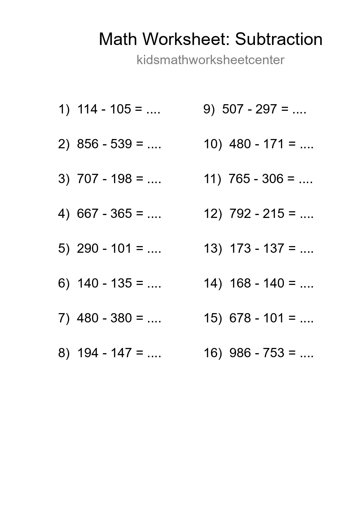 Grade 5 Subtraction Practice Worksheet (16 Problems) - Part 41