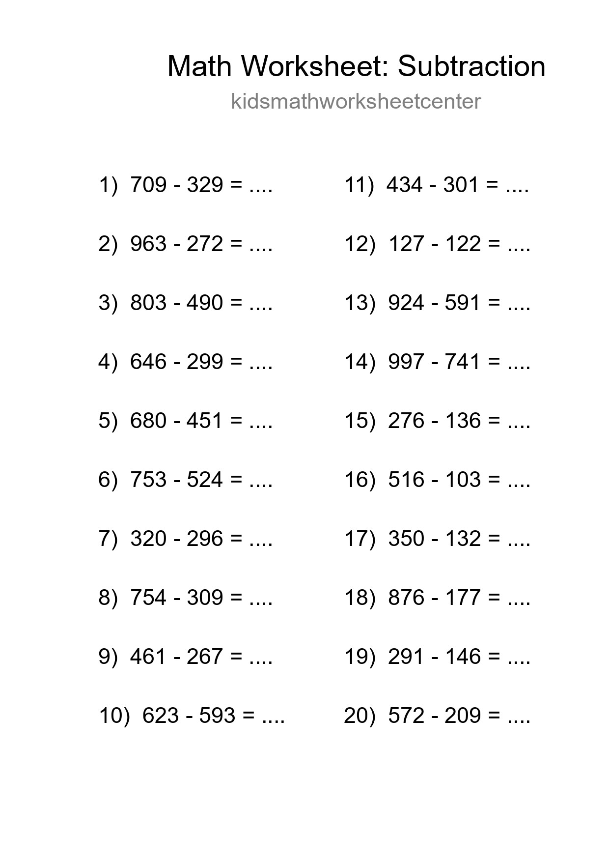Grade 5 Subtraction Practice Worksheet (20 Problems) - Part 96