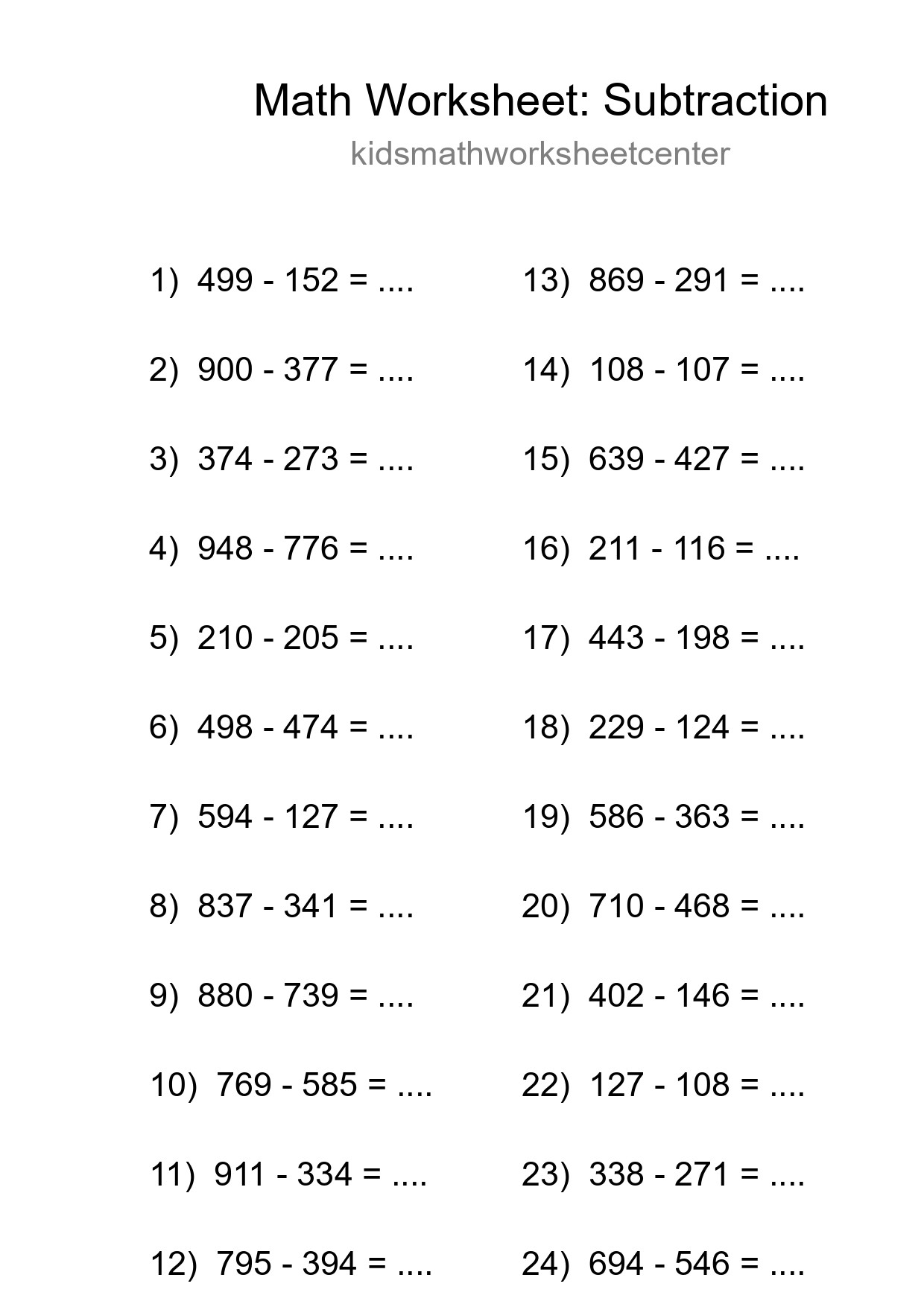 Grade 5 Subtraction Practice Worksheet (24 Problems) - Part 140