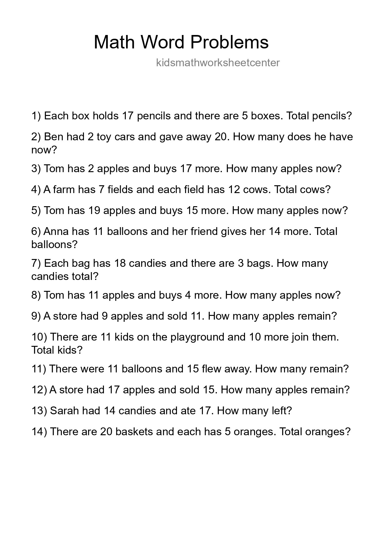 Math Word Problem Worksheet