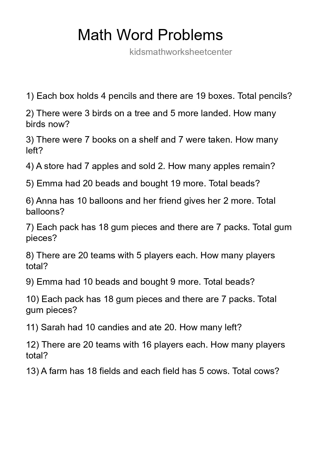 Math Word Problem Worksheet