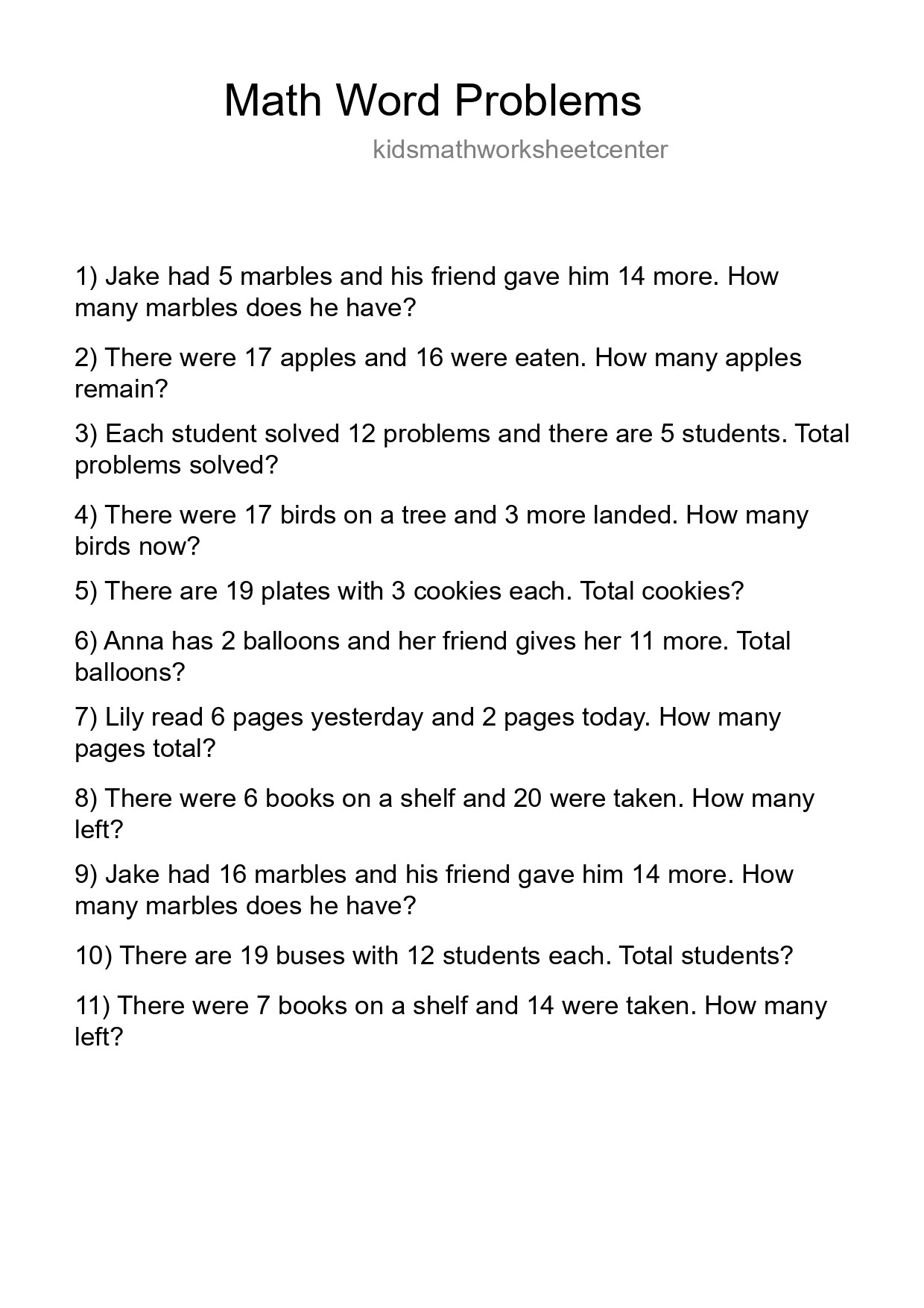 Math Word Problem Worksheet