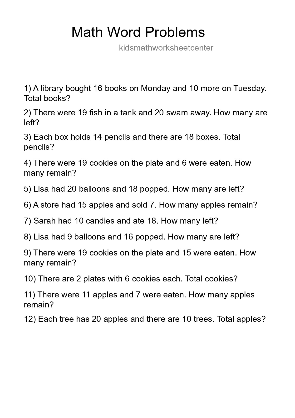 Math Word Problem Worksheet
