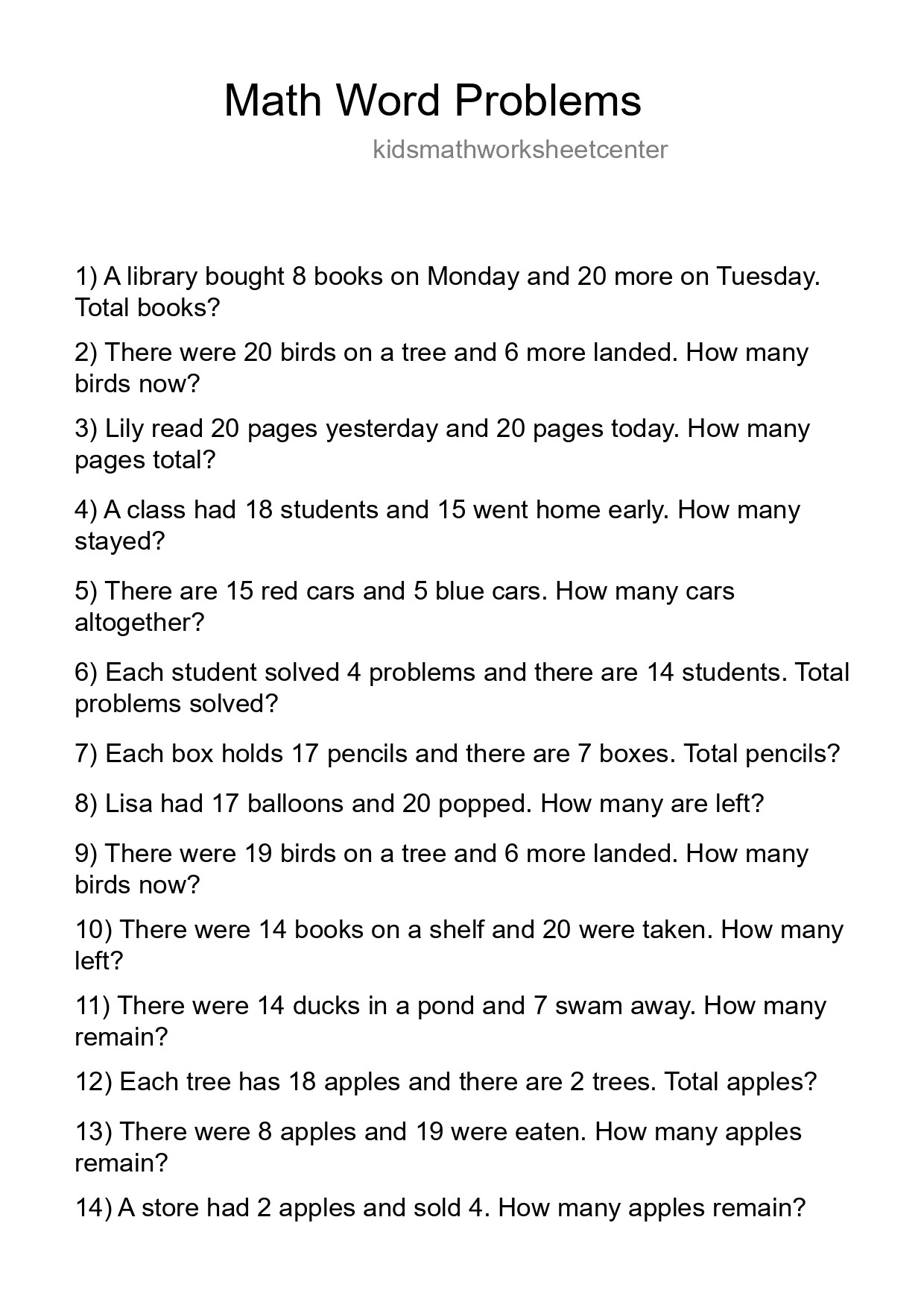 Math Word Problem Worksheet
