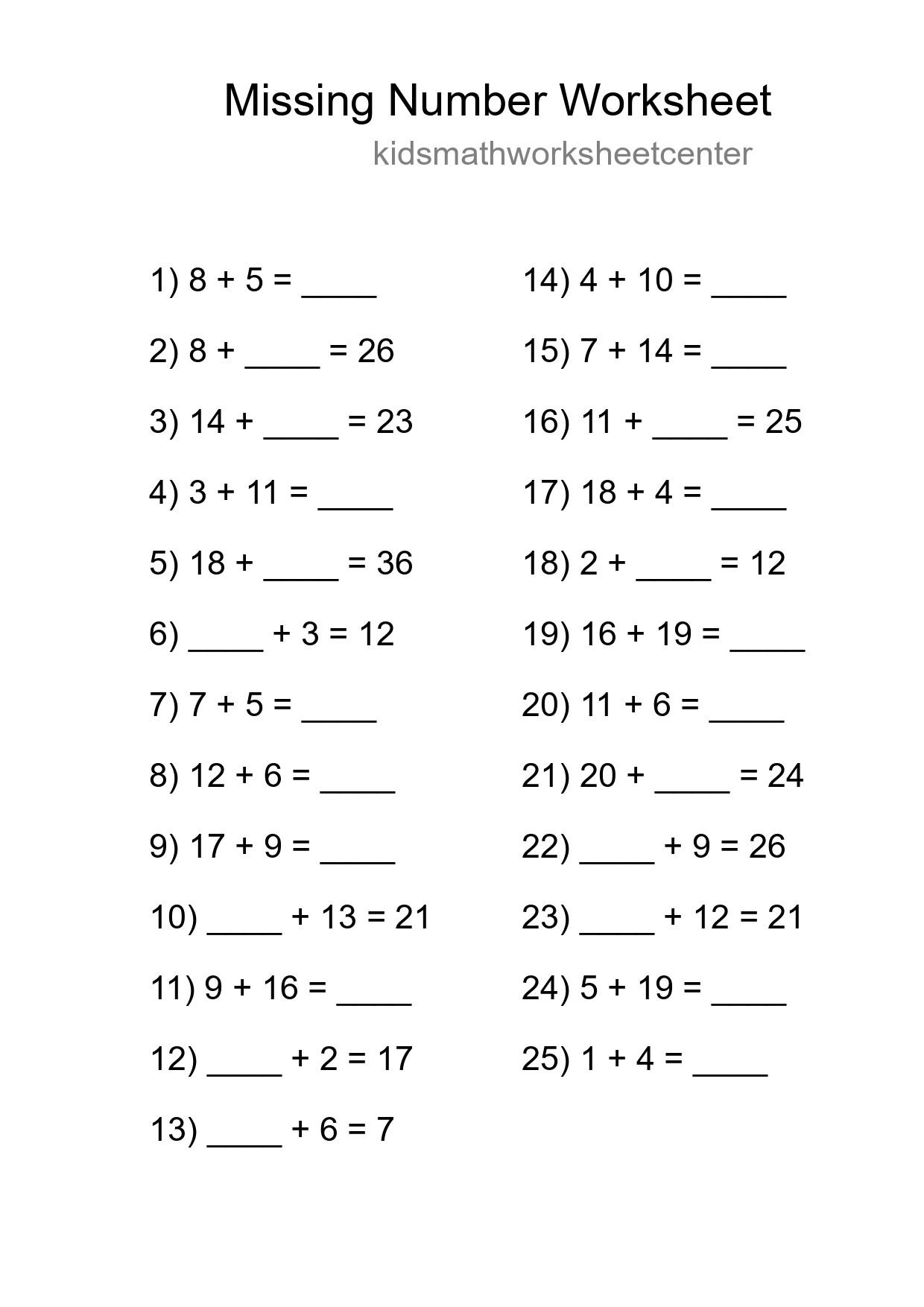 Missing Number Math Worksheet
