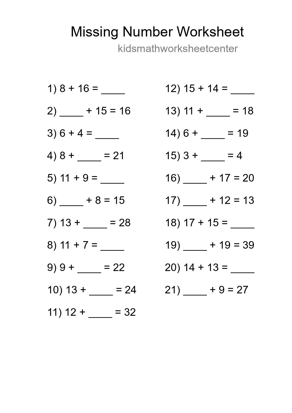 Missing Number Math Worksheet