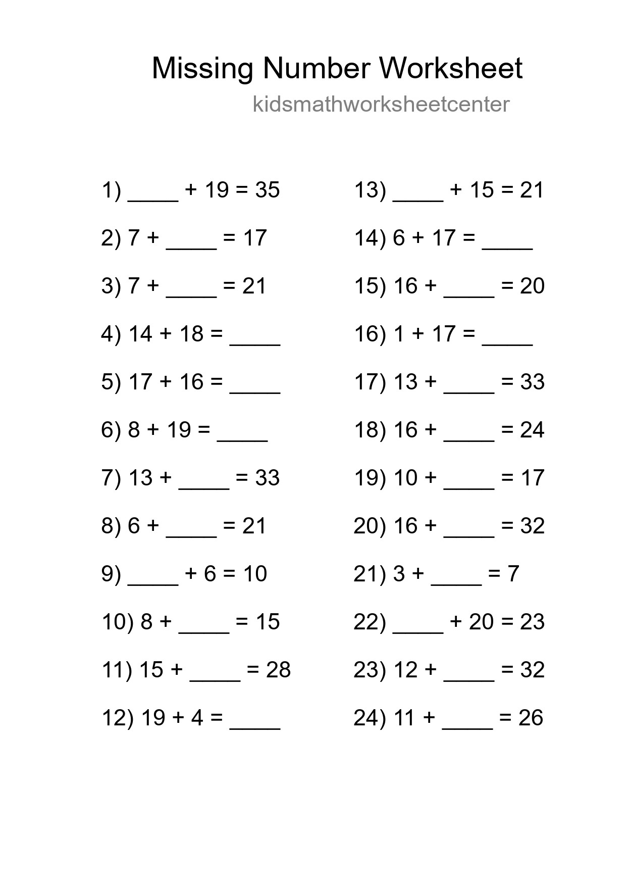 Missing Number Math Worksheet