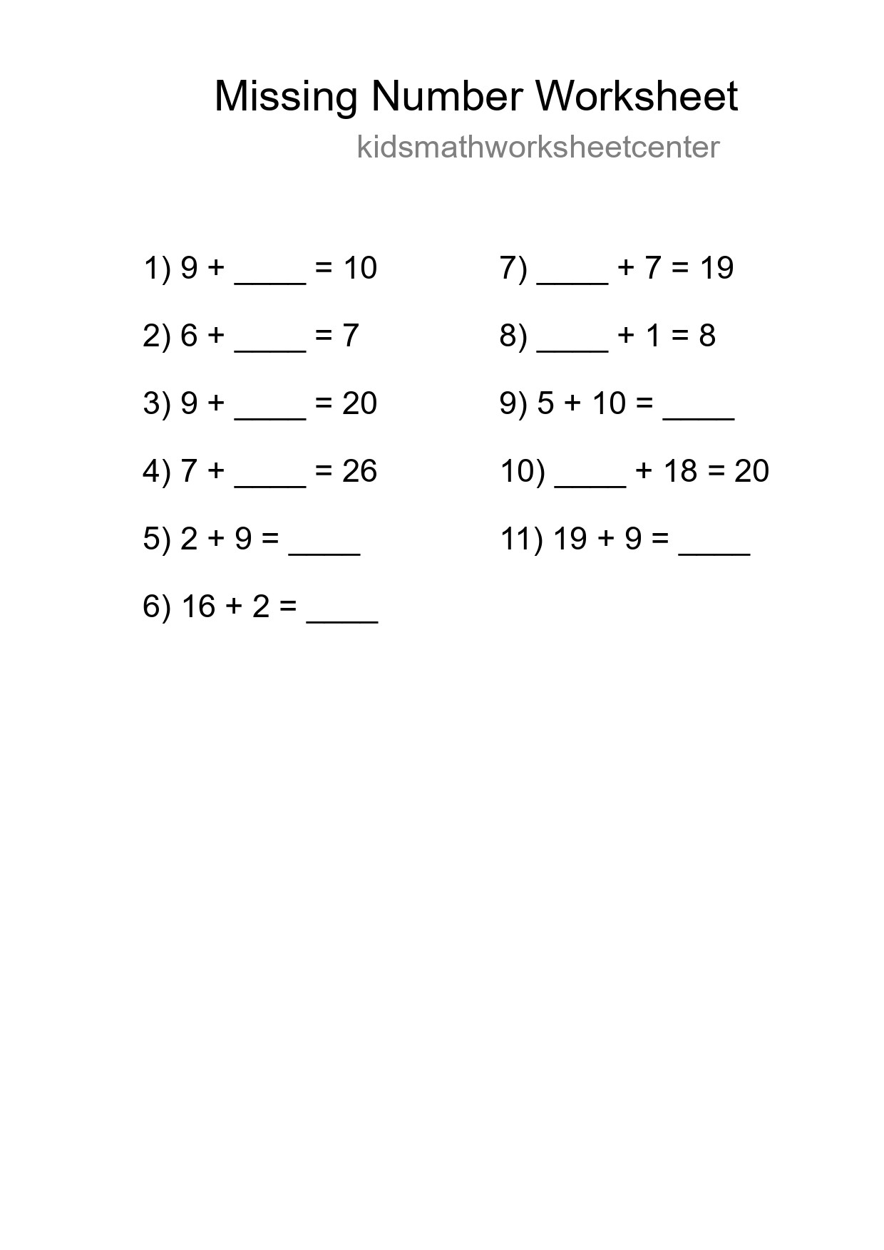 Missing Number Math Worksheet