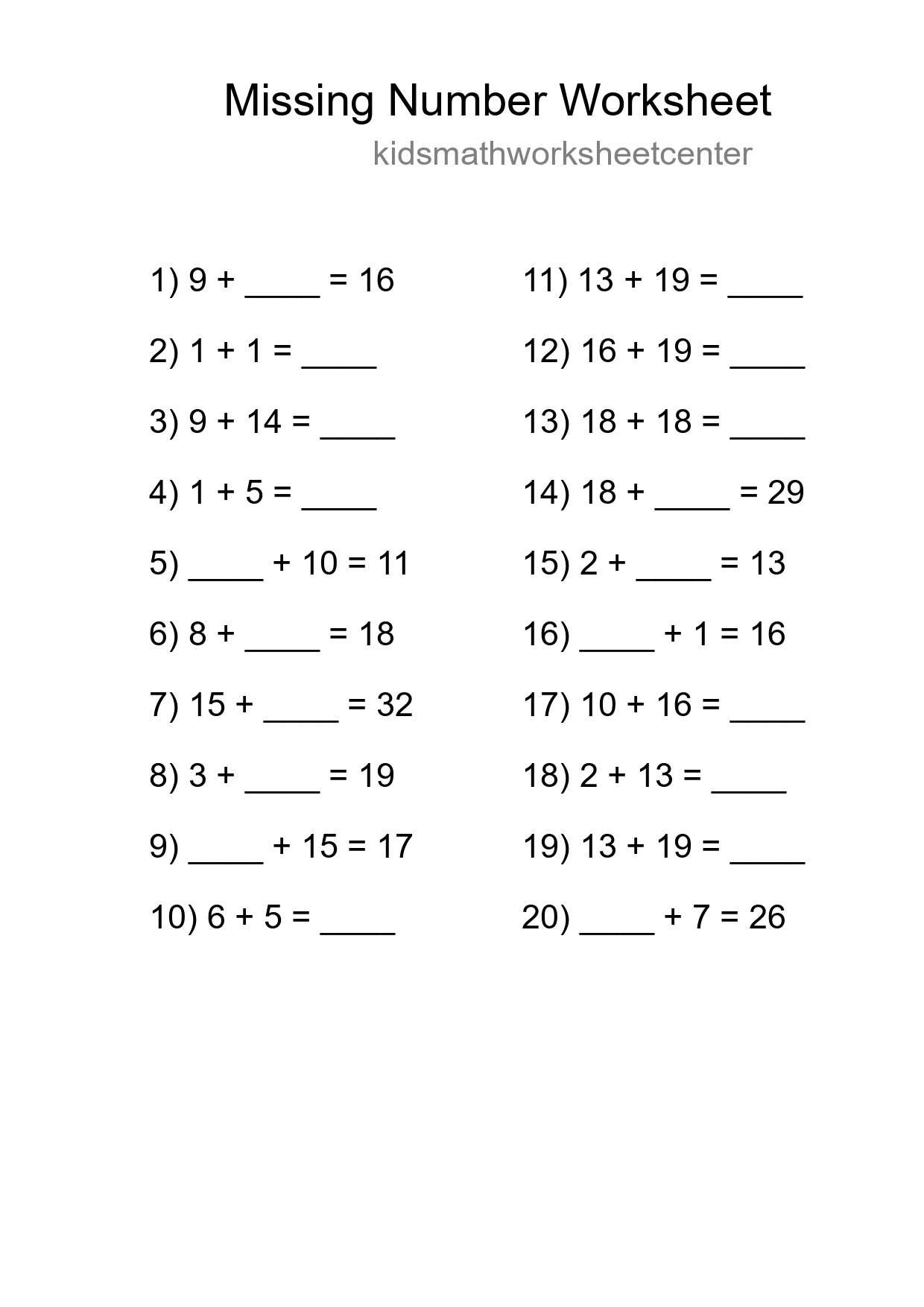 Missing Number Math Worksheet