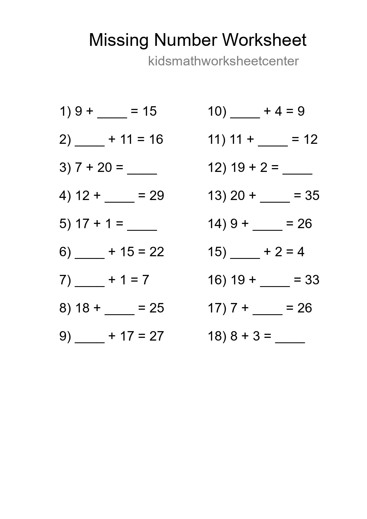 Missing Number Math Worksheet